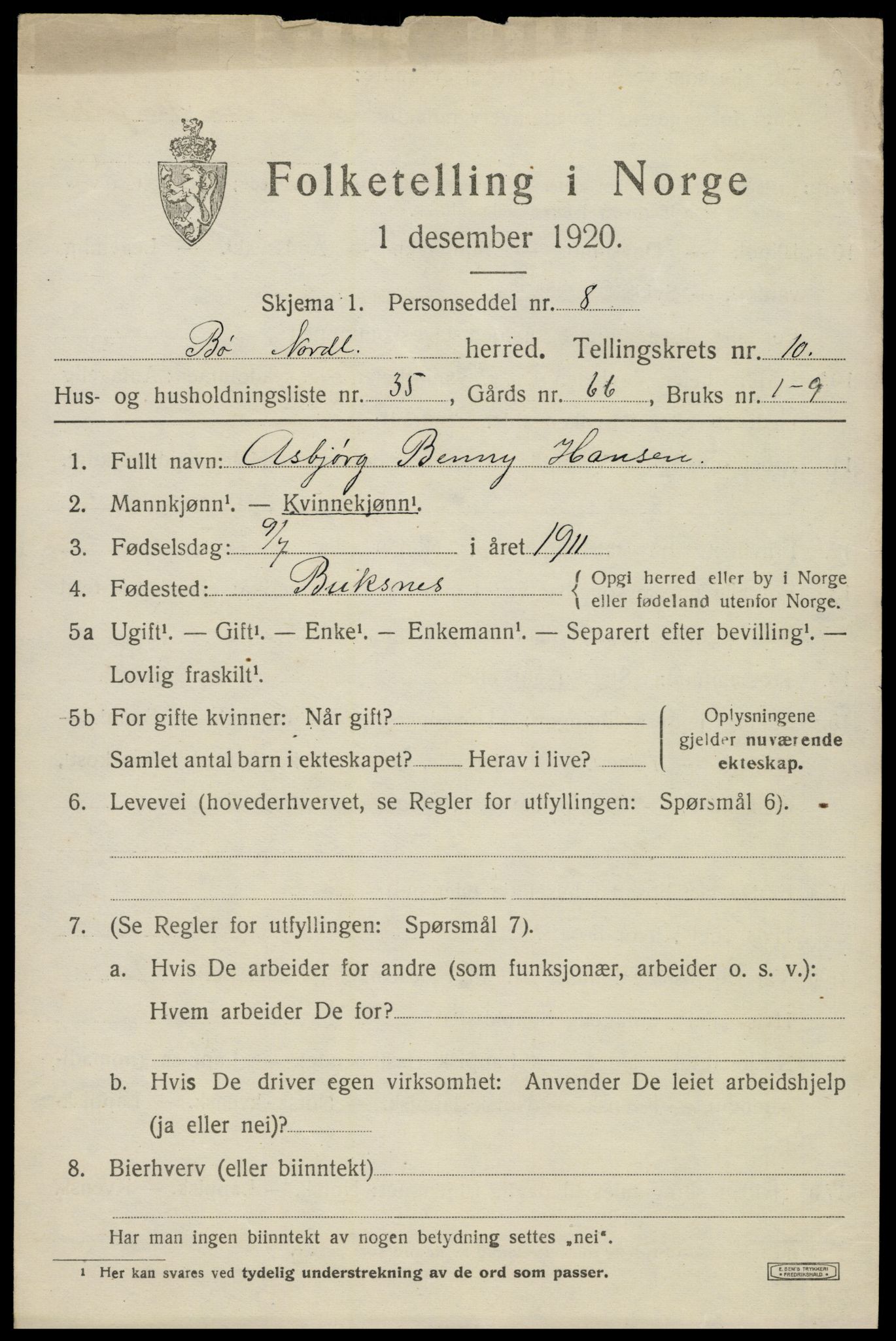 SAT, 1920 census for Bø, 1920, p. 9982