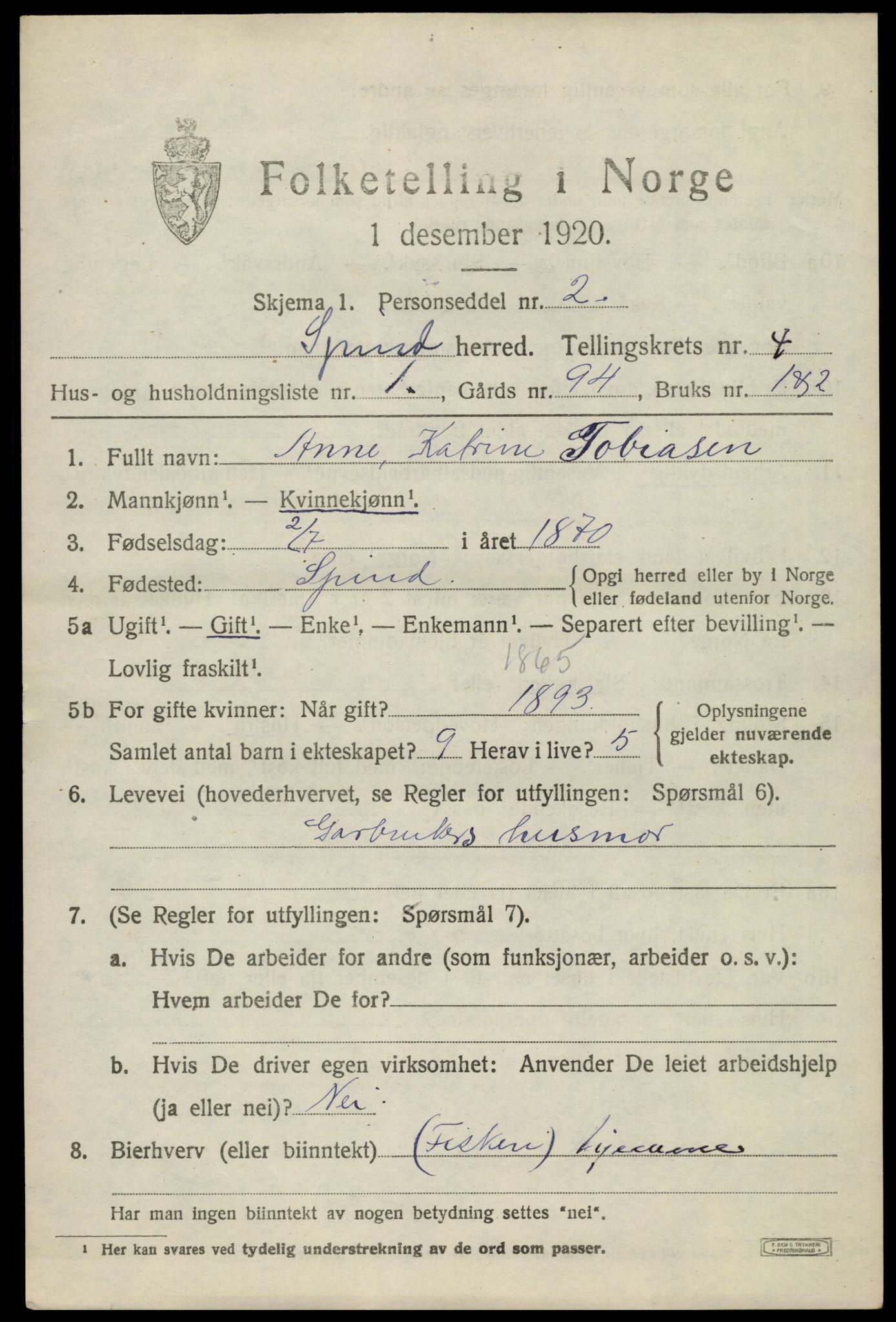 SAK, 1920 census for Spind, 1920, p. 2193