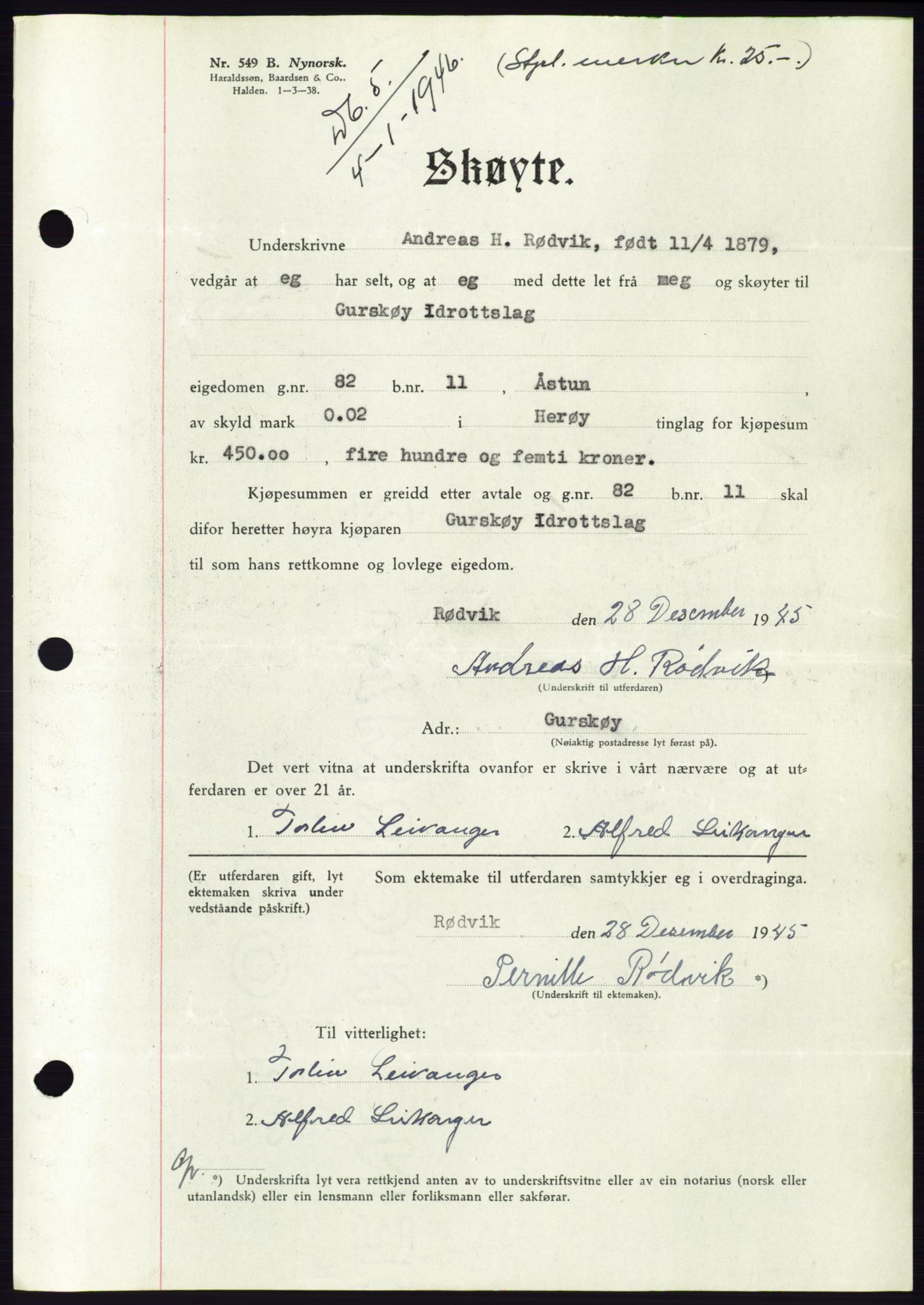 Søre Sunnmøre sorenskriveri, AV/SAT-A-4122/1/2/2C/L0077: Mortgage book no. 3A, 1945-1946, Diary no: : 5/1946