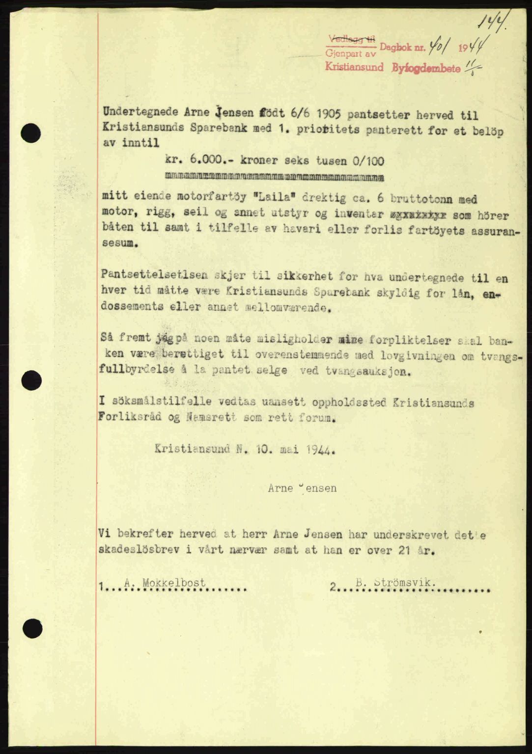 Kristiansund byfogd, AV/SAT-A-4587/A/27: Mortgage book no. 37-38, 1943-1945, Diary no: : 401/1944