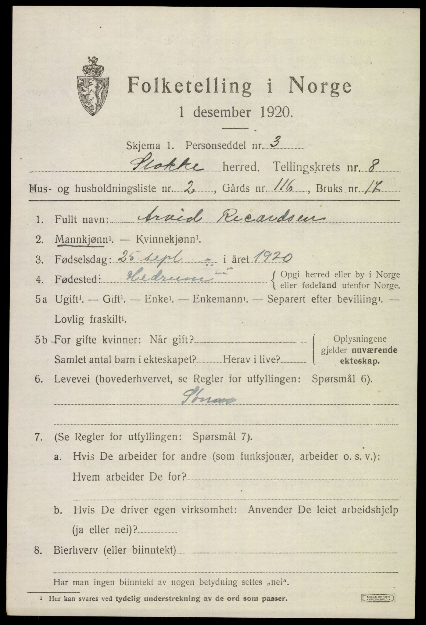 SAKO, 1920 census for Stokke, 1920, p. 9316