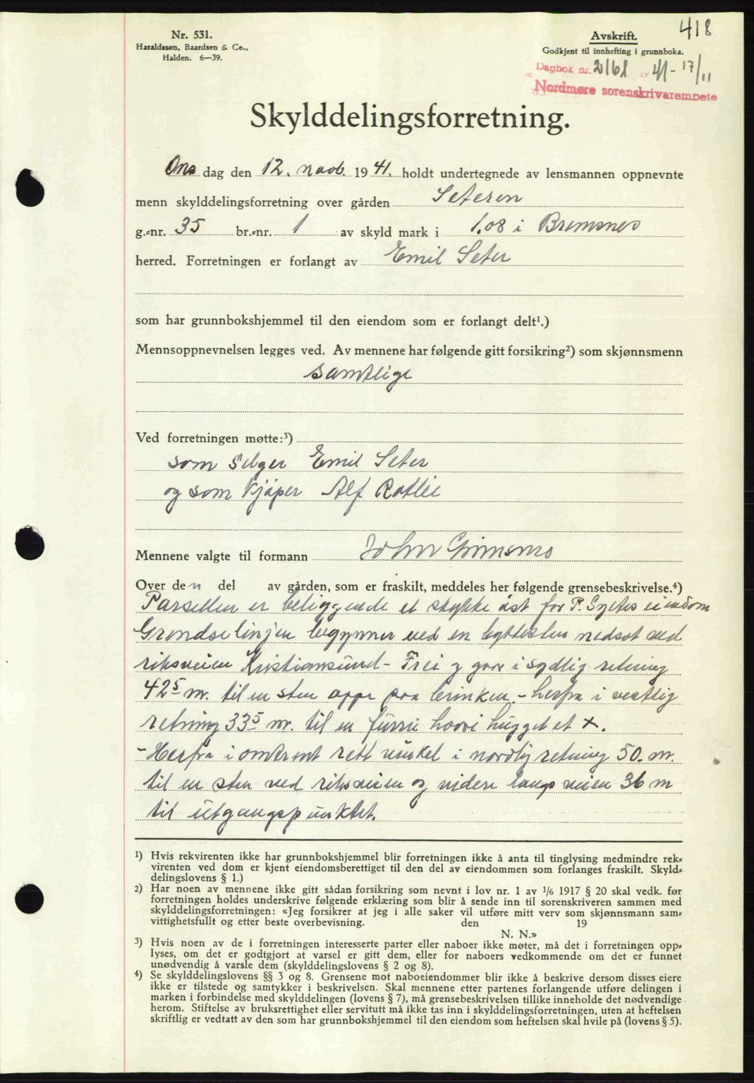 Nordmøre sorenskriveri, AV/SAT-A-4132/1/2/2Ca: Mortgage book no. A91, 1941-1942, Diary no: : 2161/1941