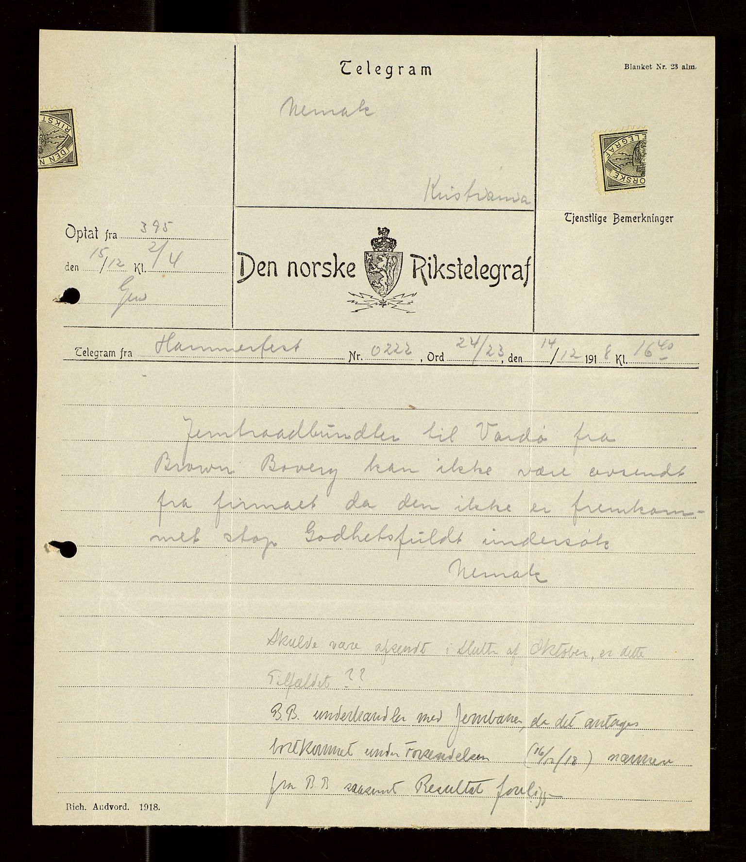 Pa 1521 - A/S Norske Shell, AV/SAST-A-101915/E/Ea/Eaa/L0021: Sjefskorrespondanse, 1918, p. 192