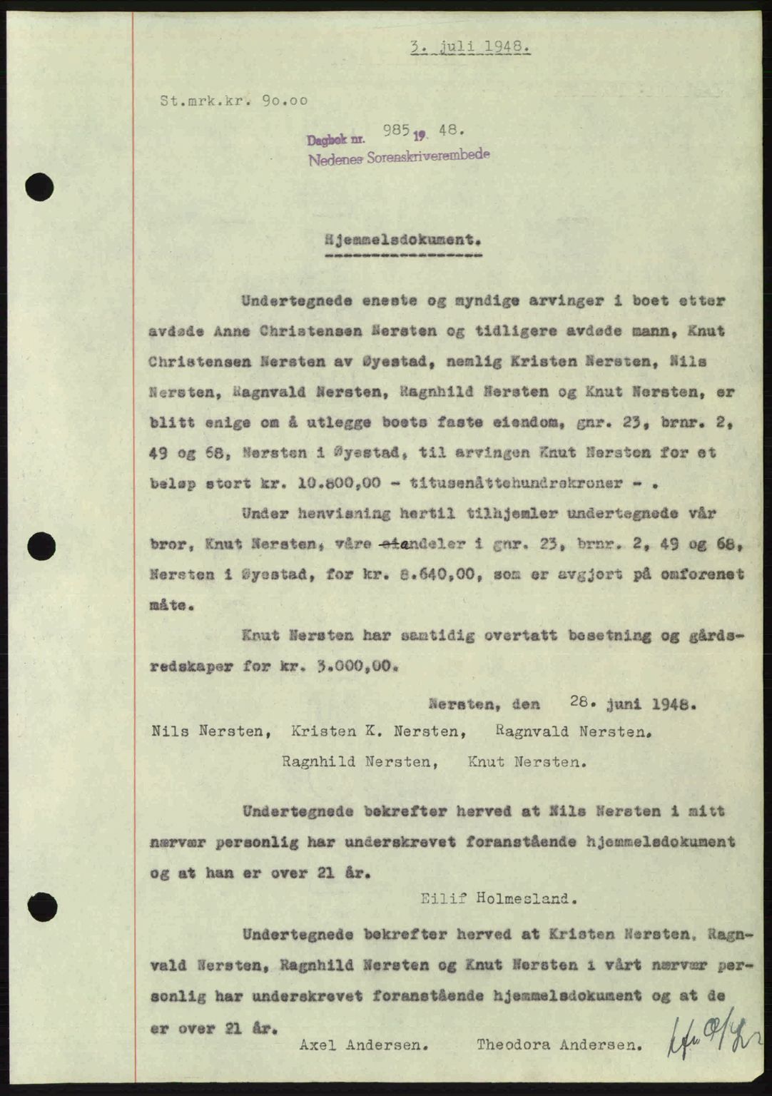 Nedenes sorenskriveri, SAK/1221-0006/G/Gb/Gba/L0059: Mortgage book no. A11, 1948-1948, Diary no: : 985/1948