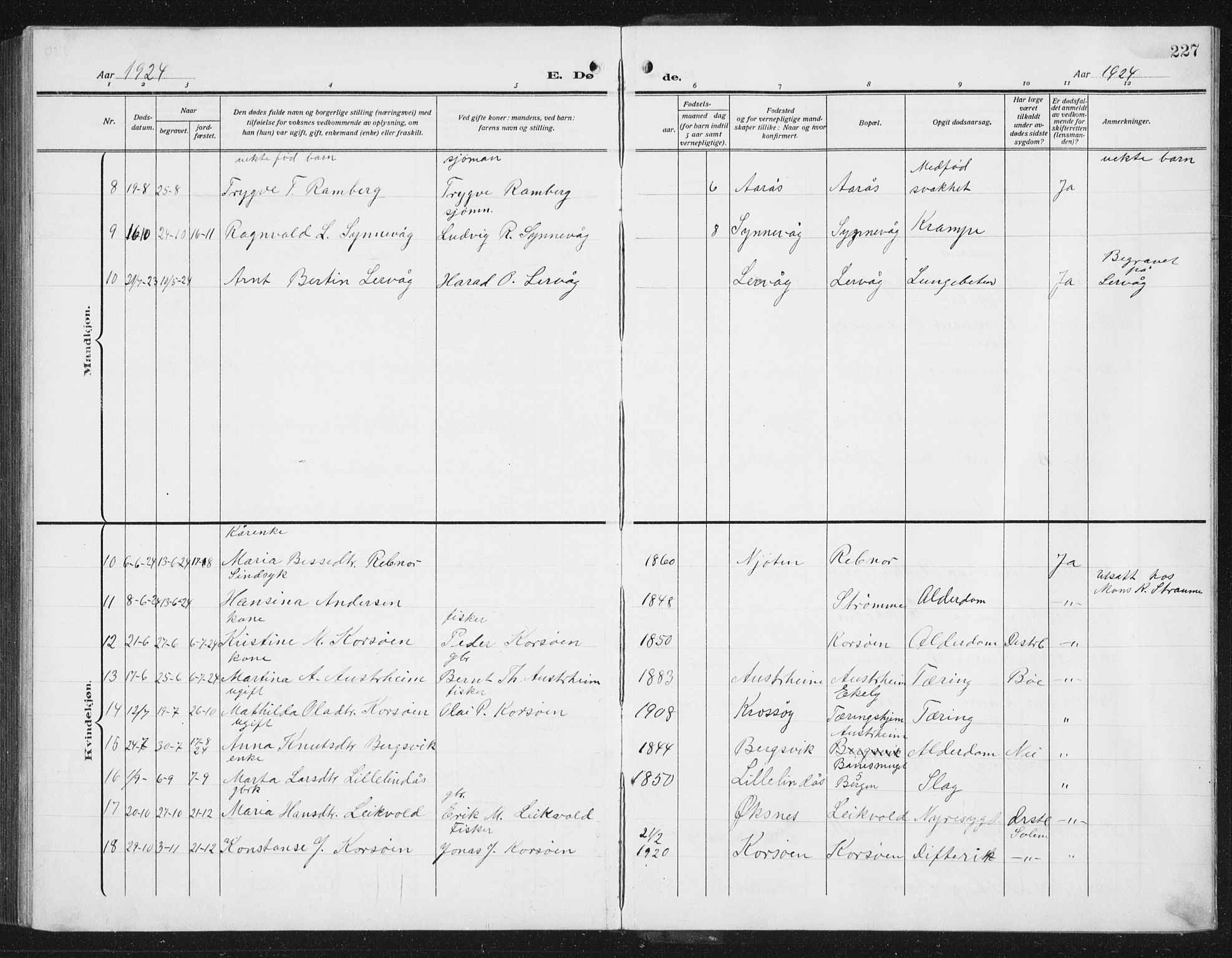 Lindås Sokneprestembete, AV/SAB-A-76701/H/Hab/Habc/L0005: Parish register (copy) no. C 5, 1910-1927, p. 227