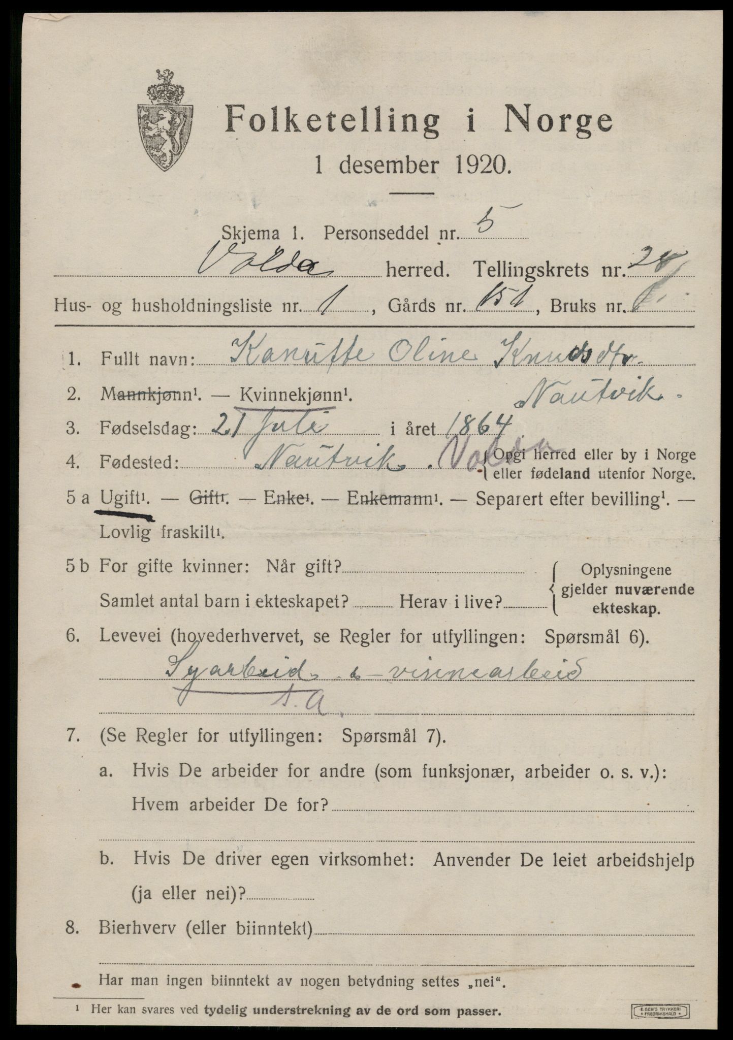 SAT, 1920 census for Volda, 1920, p. 12946