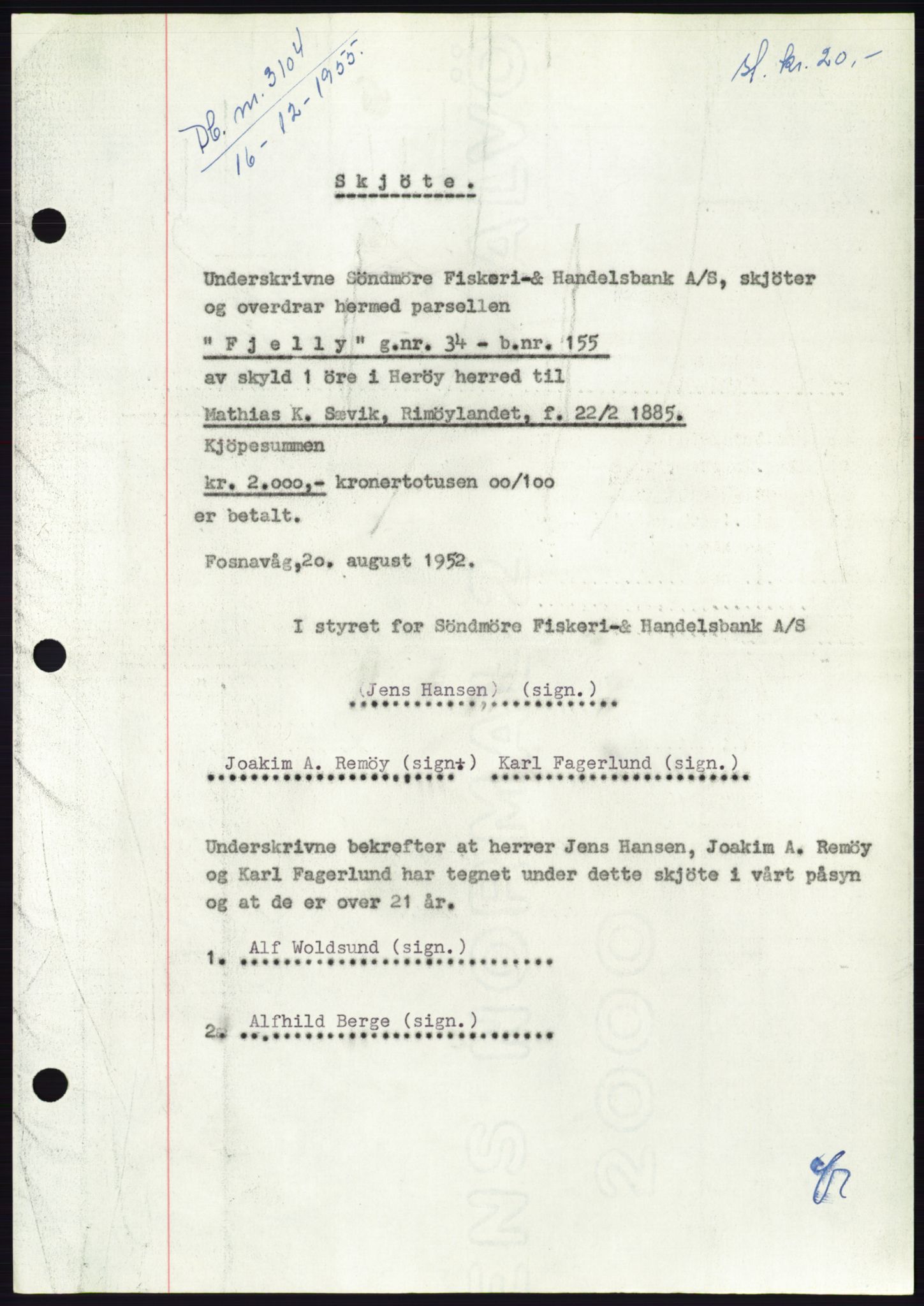 Søre Sunnmøre sorenskriveri, AV/SAT-A-4122/1/2/2C/L0102: Mortgage book no. 28A, 1955-1956, Diary no: : 3104/1955