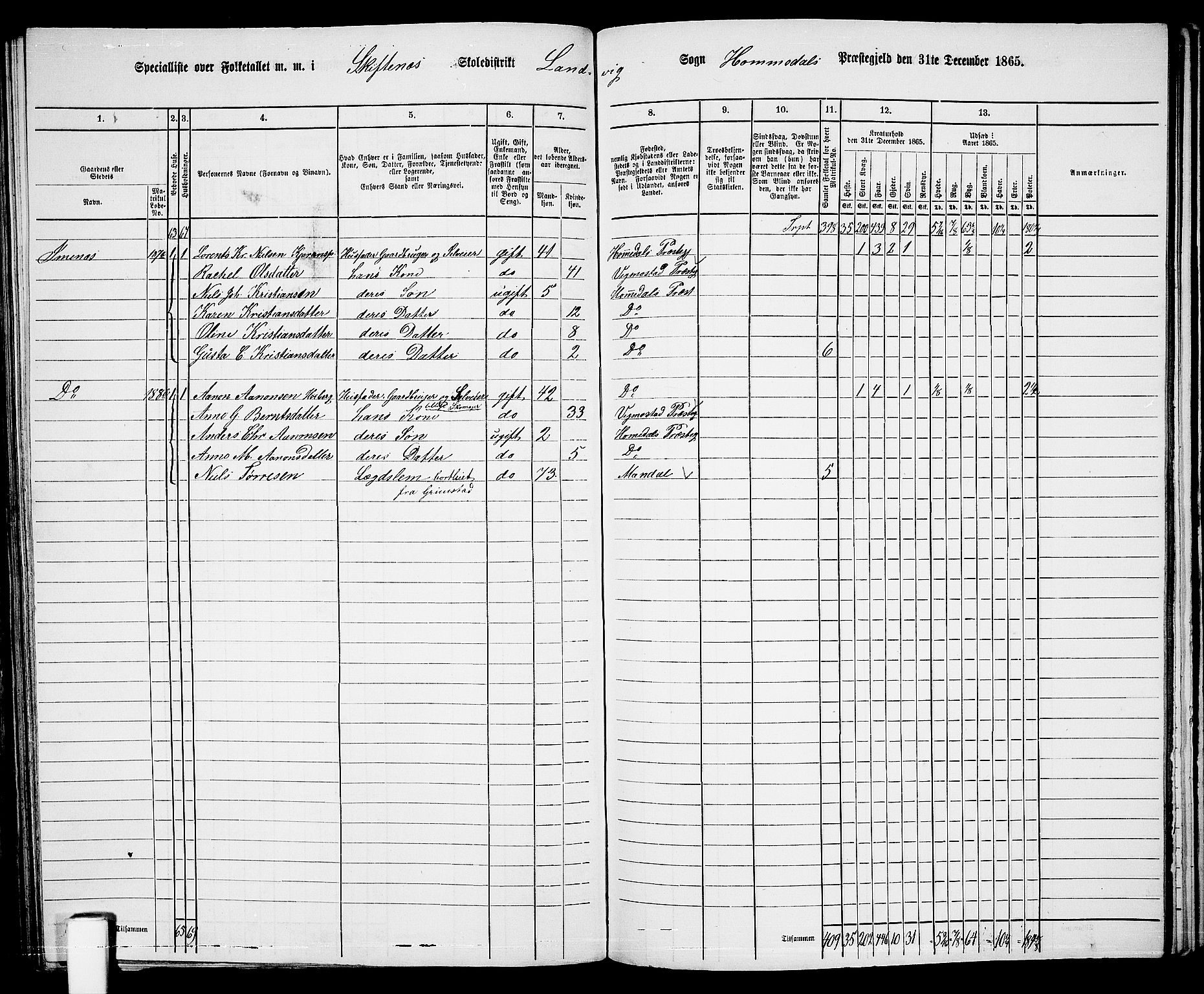 RA, 1865 census for Homedal, 1865, p. 140