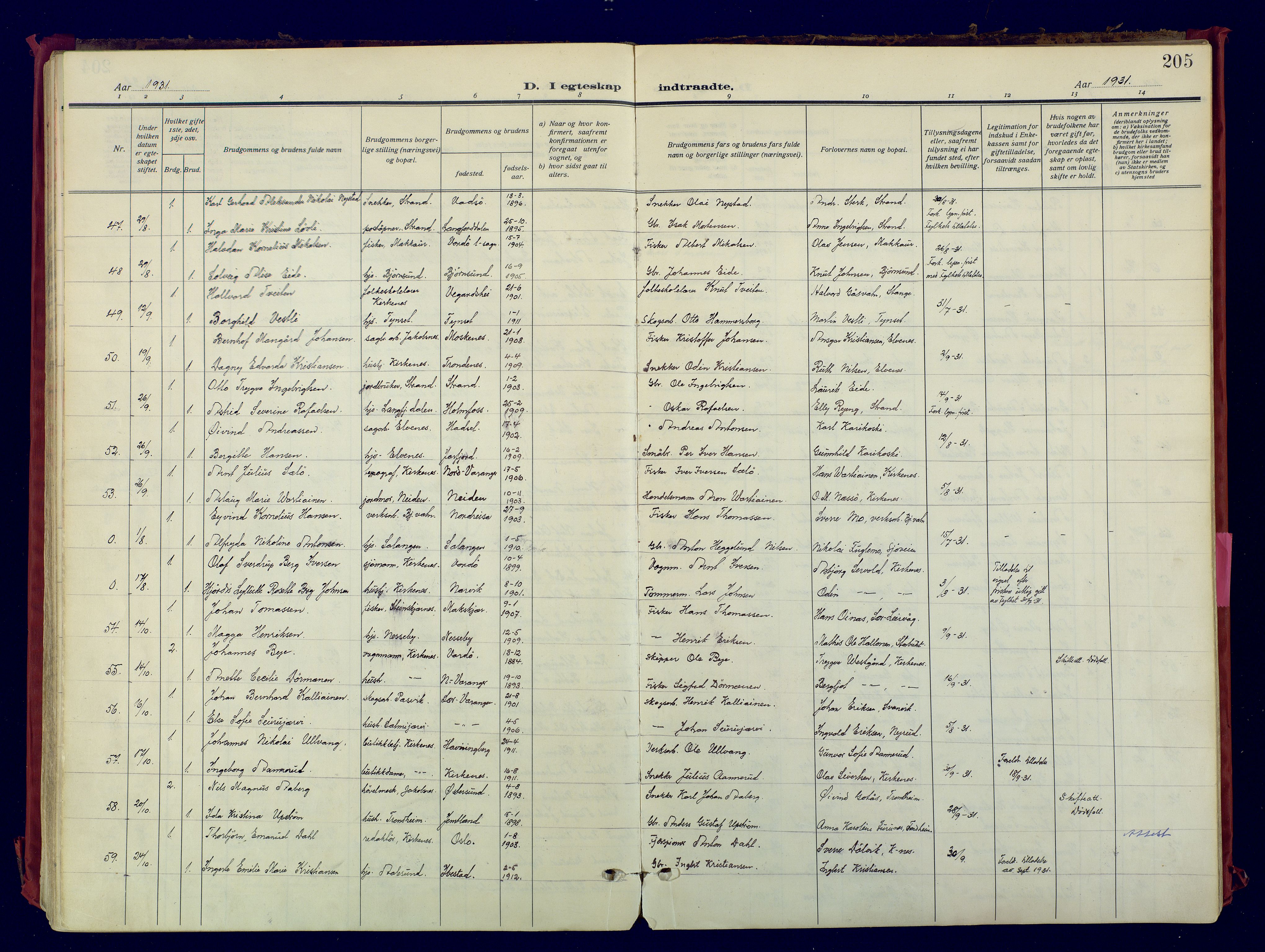 Sør-Varanger sokneprestkontor, AV/SATØ-S-1331/H/Ha/L0007kirke: Parish register (official) no. 7, 1927-1937, p. 205