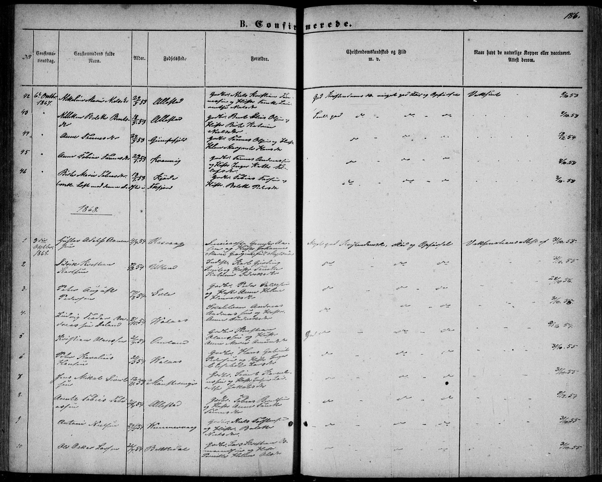 Flekkefjord sokneprestkontor, AV/SAK-1111-0012/F/Fb/Fbb/L0003: Parish register (copy) no. B 3, 1867-1889, p. 186