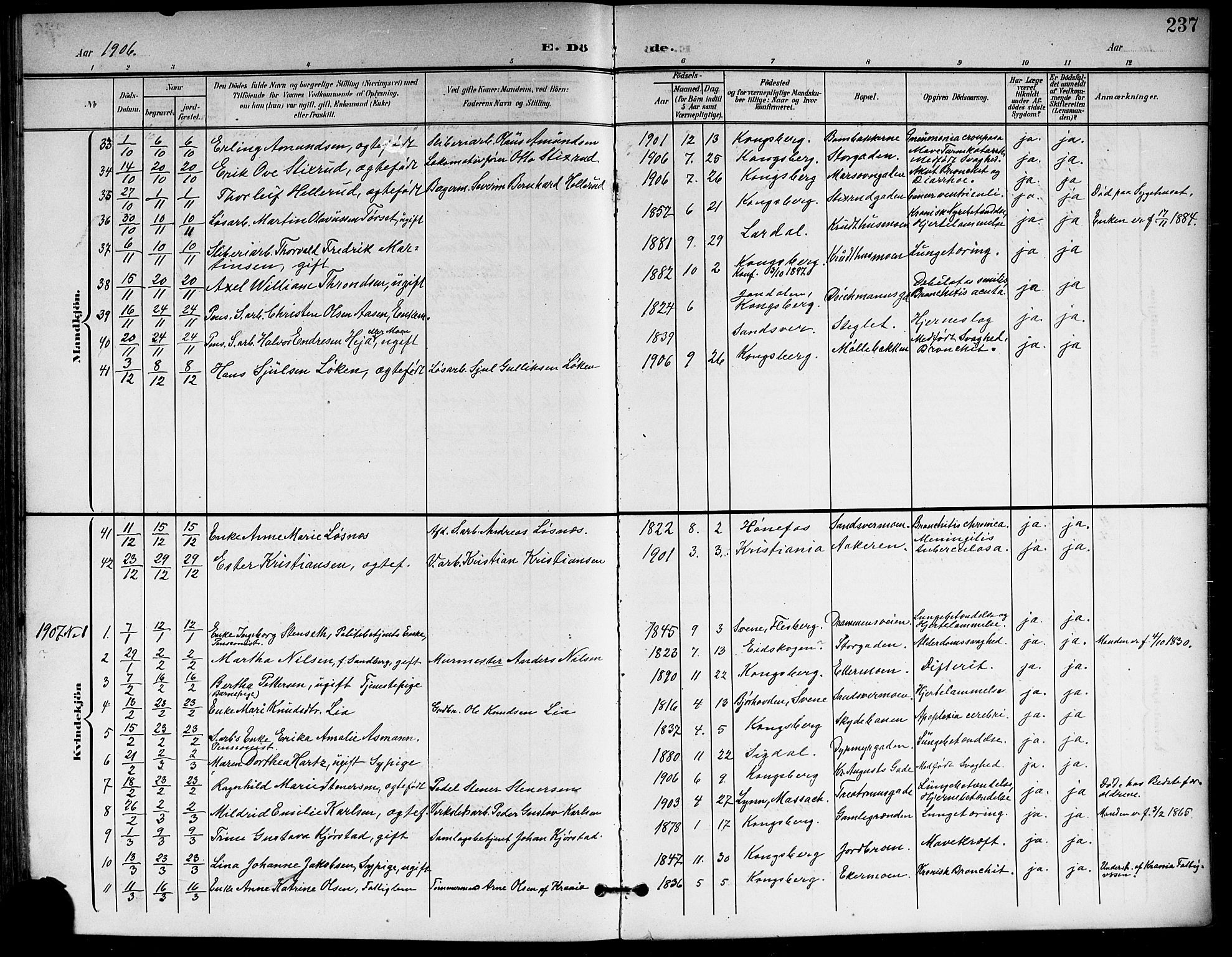 Kongsberg kirkebøker, AV/SAKO-A-22/G/Ga/L0007: Parish register (copy) no. 7, 1901-1915, p. 237