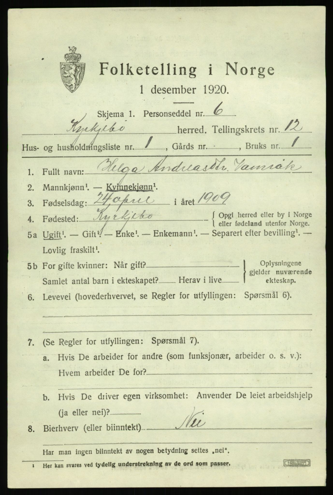 SAB, 1920 census for Kyrkjebø, 1920, p. 5867