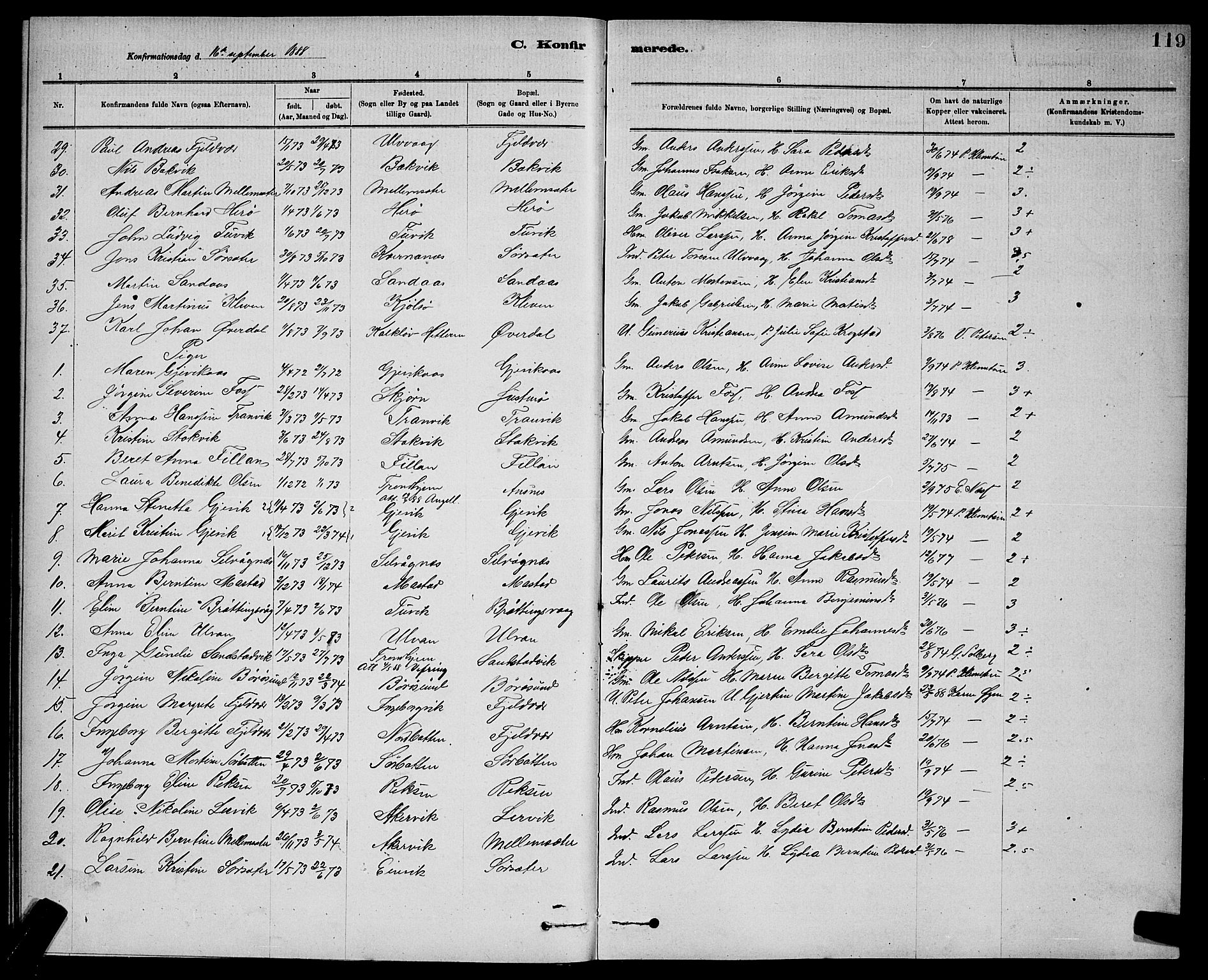 Ministerialprotokoller, klokkerbøker og fødselsregistre - Sør-Trøndelag, AV/SAT-A-1456/637/L0562: Parish register (copy) no. 637C03, 1883-1898, p. 119