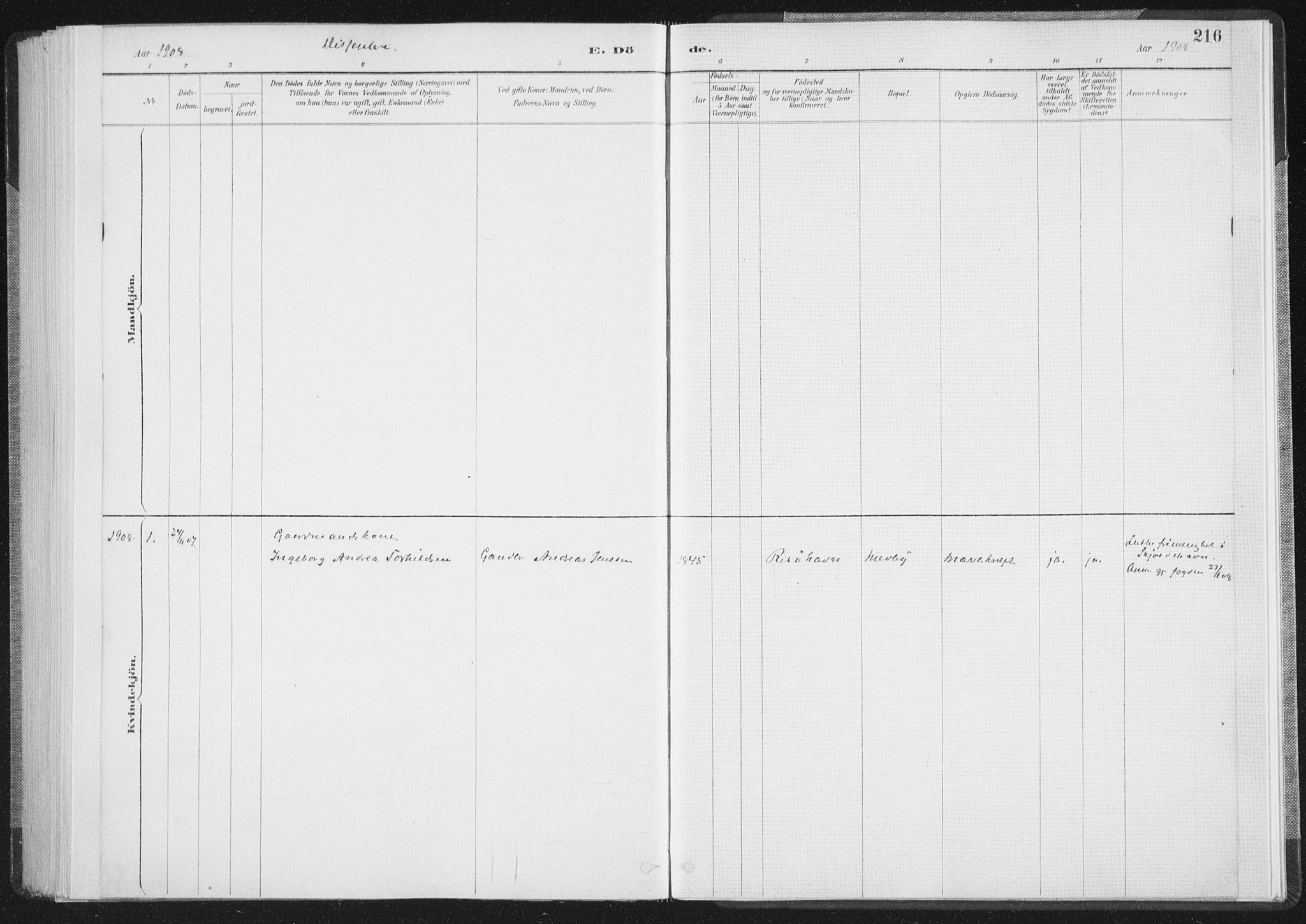 Ministerialprotokoller, klokkerbøker og fødselsregistre - Nordland, SAT/A-1459/898/L1422: Parish register (official) no. 898A02, 1887-1908, p. 216