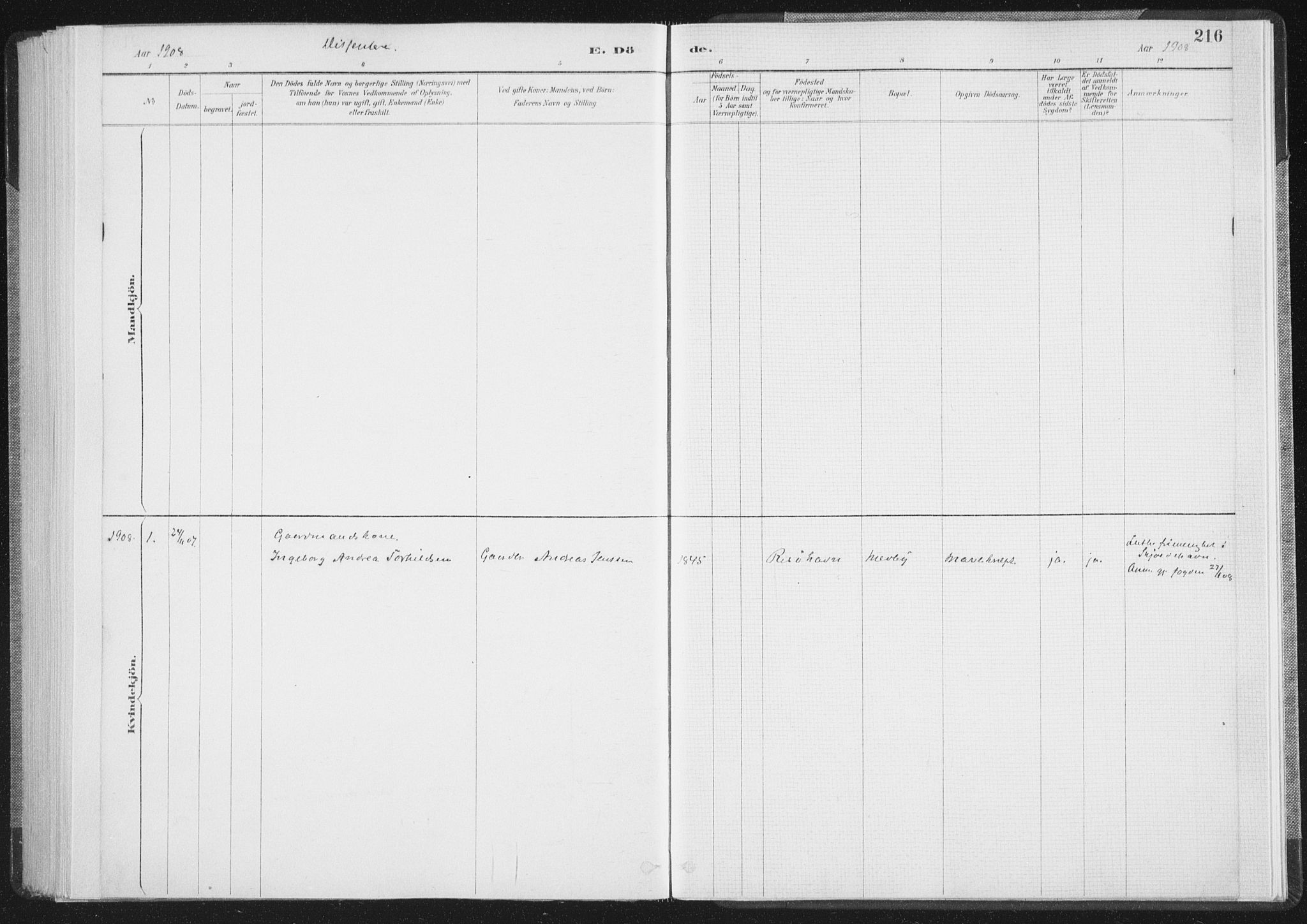 Ministerialprotokoller, klokkerbøker og fødselsregistre - Nordland, AV/SAT-A-1459/898/L1422: Parish register (official) no. 898A02, 1887-1908, p. 216