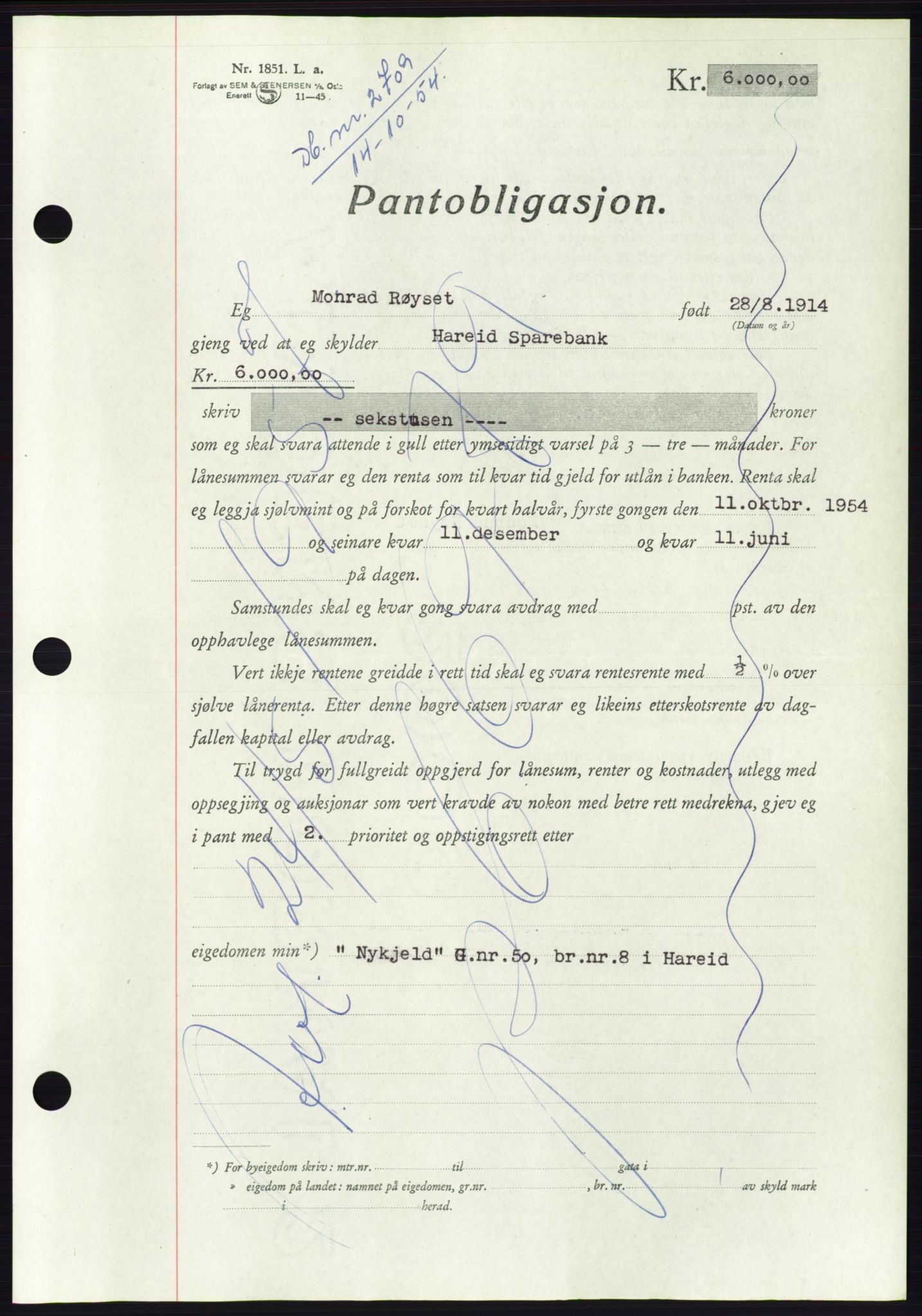 Søre Sunnmøre sorenskriveri, AV/SAT-A-4122/1/2/2C/L0126: Mortgage book no. 14B, 1954-1955, Diary no: : 2709/1954