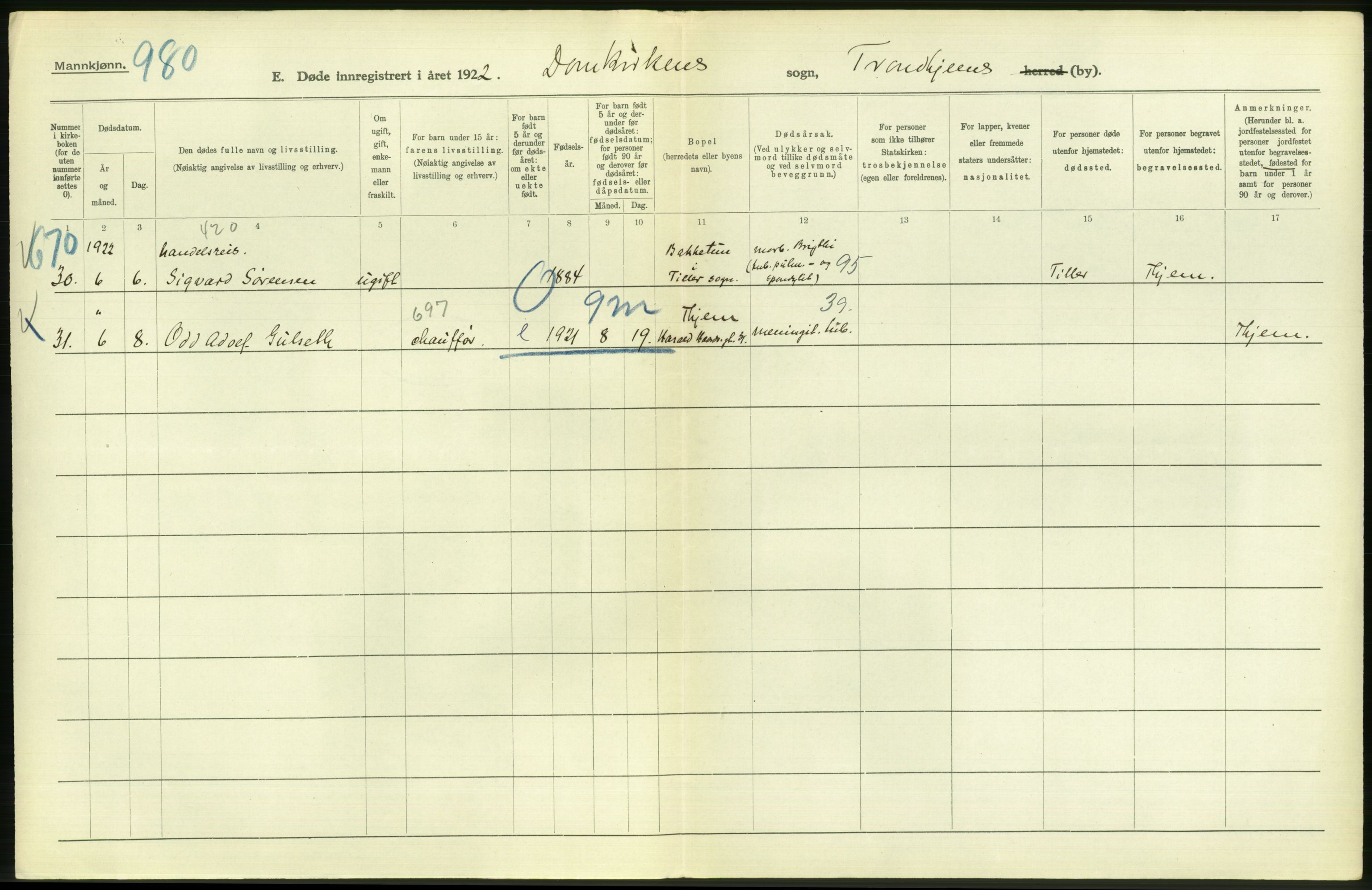 Statistisk sentralbyrå, Sosiodemografiske emner, Befolkning, AV/RA-S-2228/D/Df/Dfc/Dfcb/L0040: Trondheim: Gifte, døde, dødfødte., 1922, p. 356