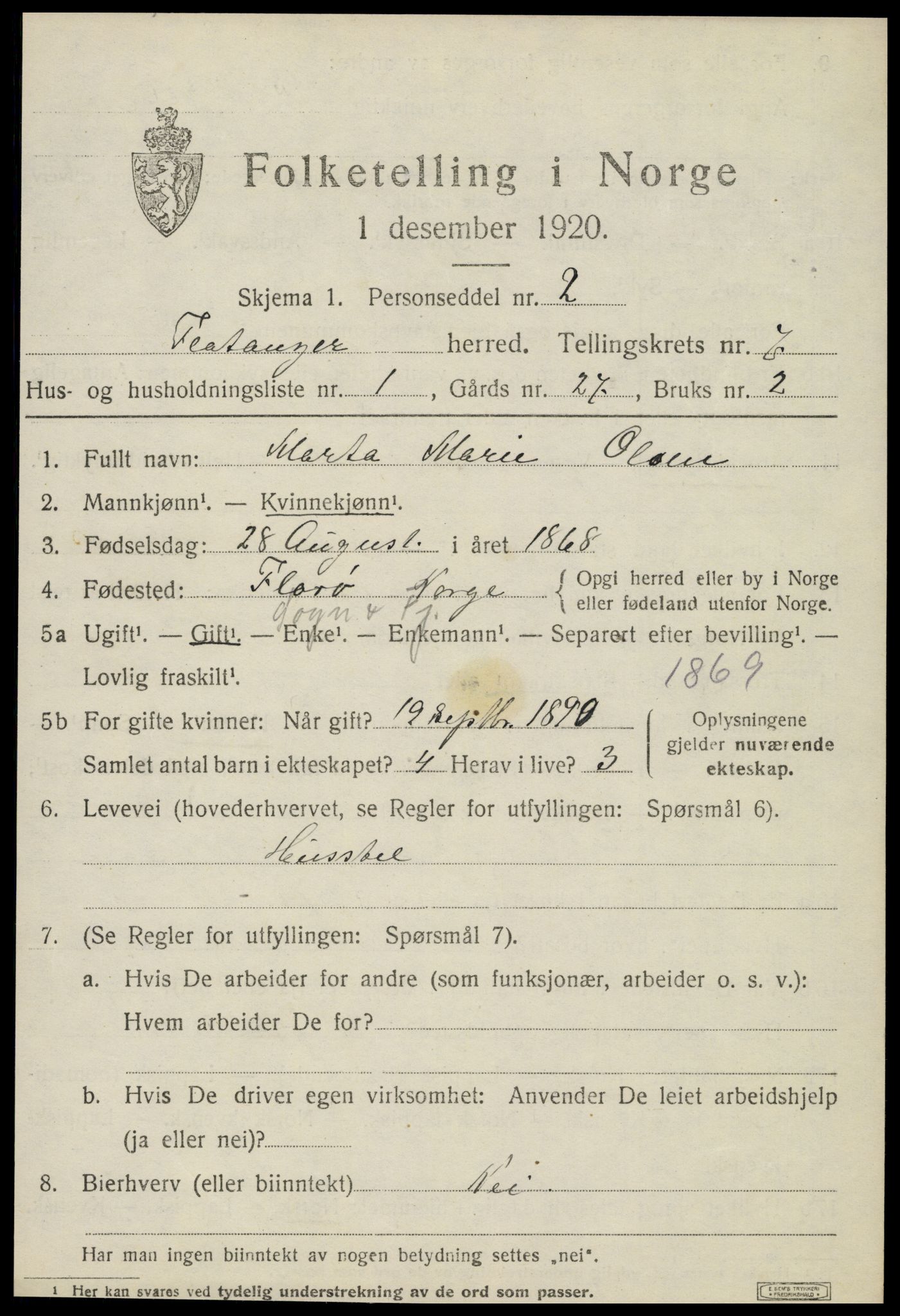 SAT, 1920 census for Flatanger, 1920, p. 3218