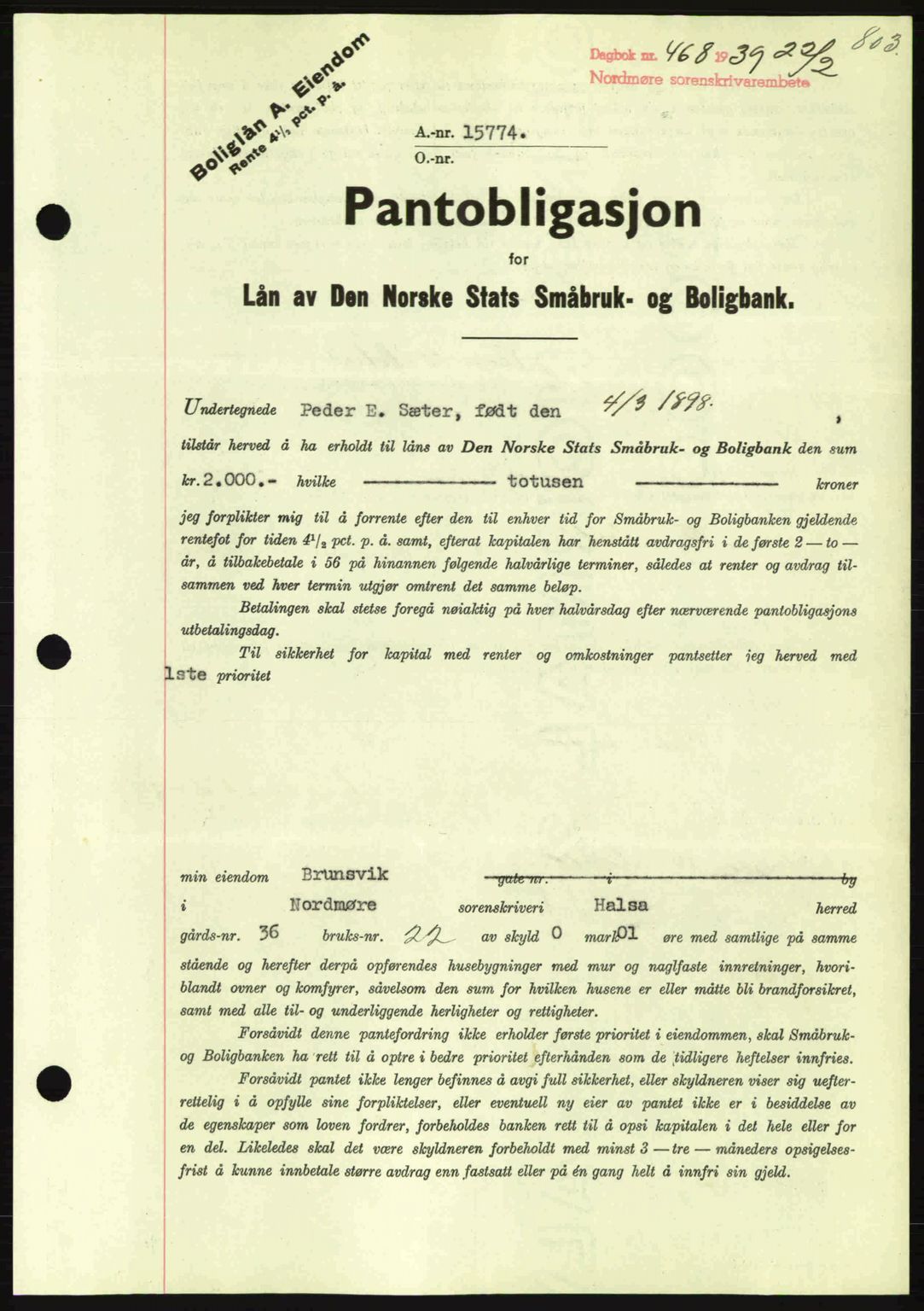 Nordmøre sorenskriveri, SAT/A-4132/1/2/2Ca: Mortgage book no. B84, 1938-1939, Diary no: : 468/1939