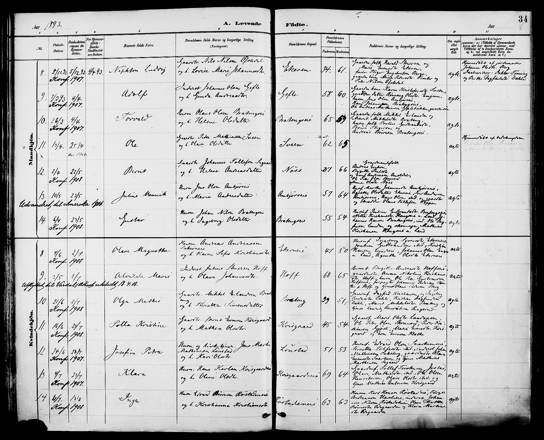 Biri prestekontor, SAH/PREST-096/H/Ha/Haa/L0007: Parish register (official) no. 7, 1887-1893, p. 34