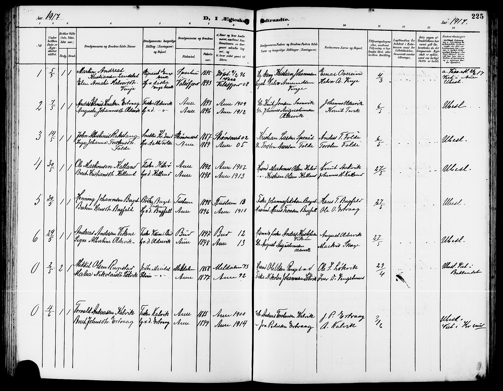 Ministerialprotokoller, klokkerbøker og fødselsregistre - Møre og Romsdal, AV/SAT-A-1454/578/L0910: Parish register (copy) no. 578C03, 1900-1921, p. 225