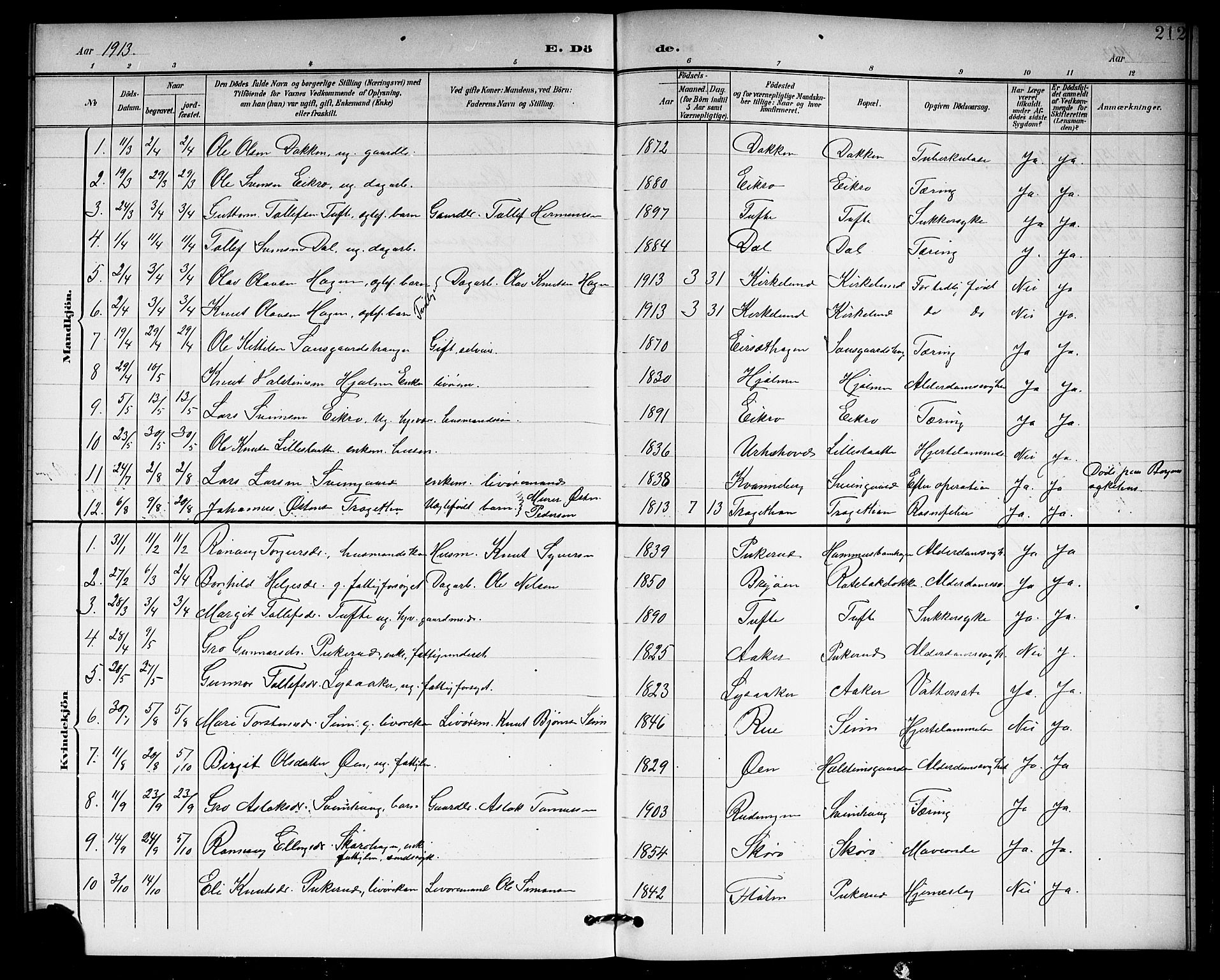 Hol kirkebøker, SAKO/A-227/G/Ga/L0001: Parish register (copy) no. I 1, 1900-1919, p. 212