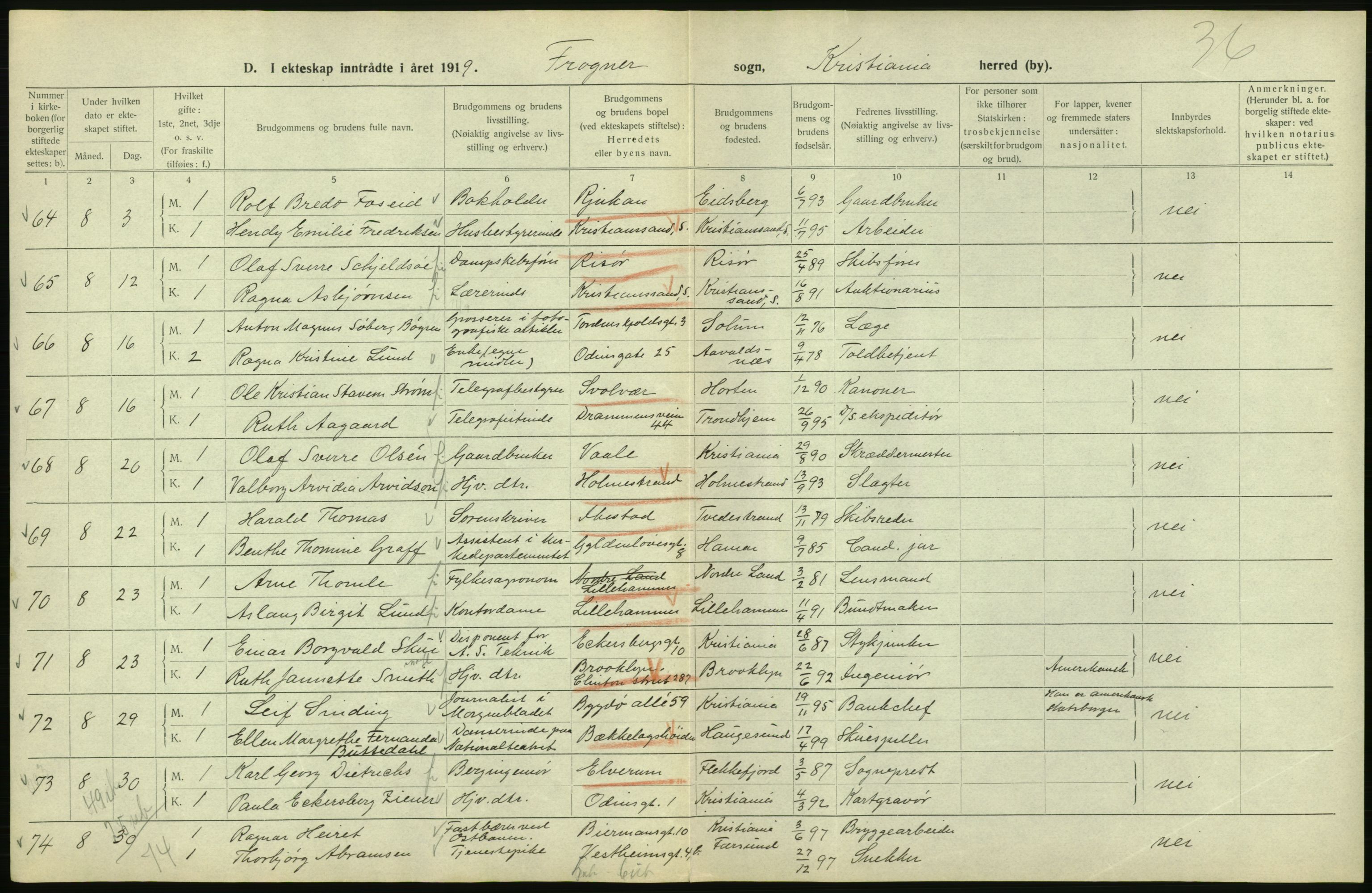 Statistisk sentralbyrå, Sosiodemografiske emner, Befolkning, RA/S-2228/D/Df/Dfb/Dfbi/L0009: Kristiania: Gifte, 1919, p. 188