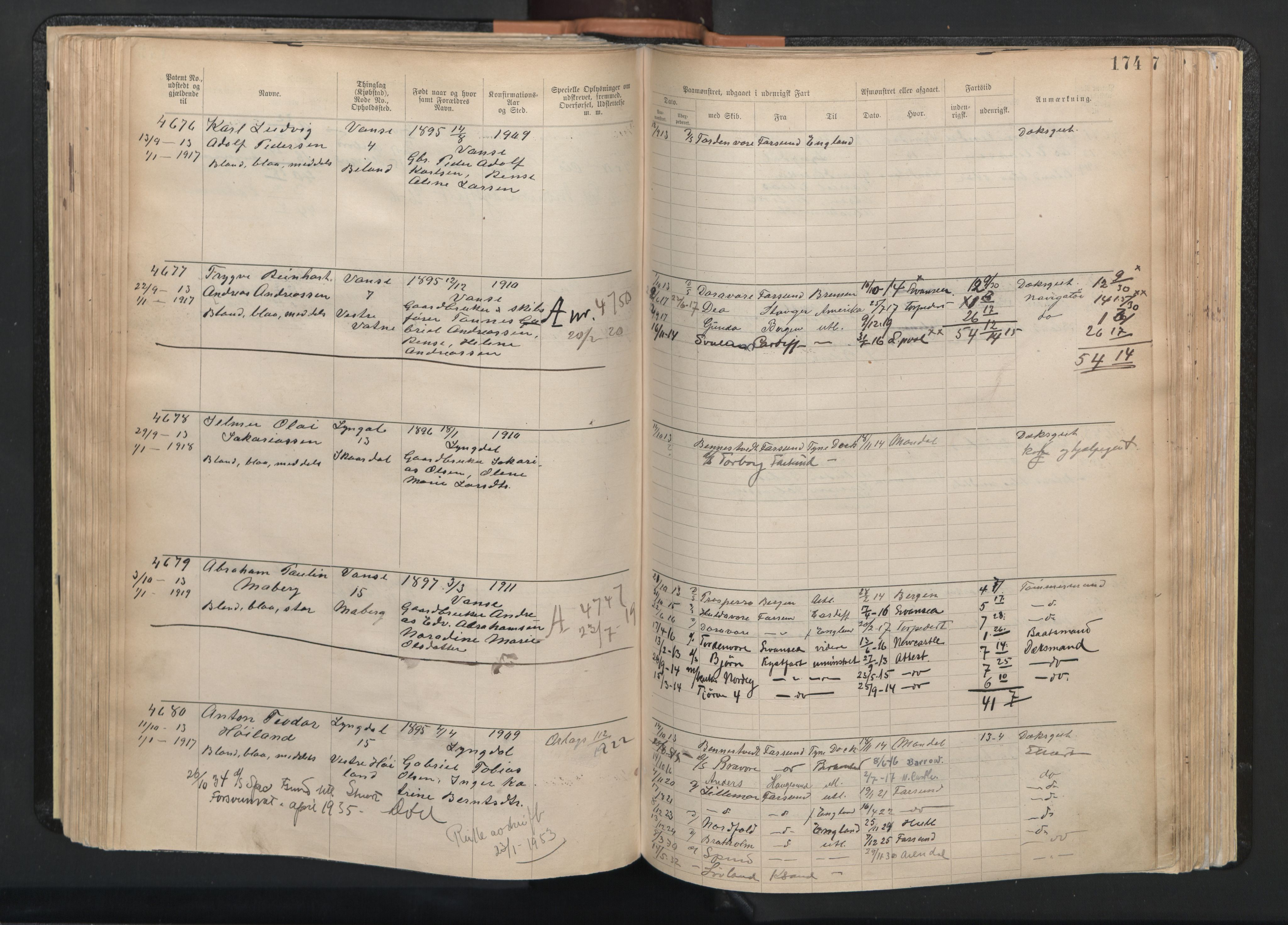 Farsund mønstringskrets, AV/SAK-2031-0017/F/Fa/L0003: Annotasjonsrulle nr 3816-5304 med register, M-3, 1894-1948, p. 205