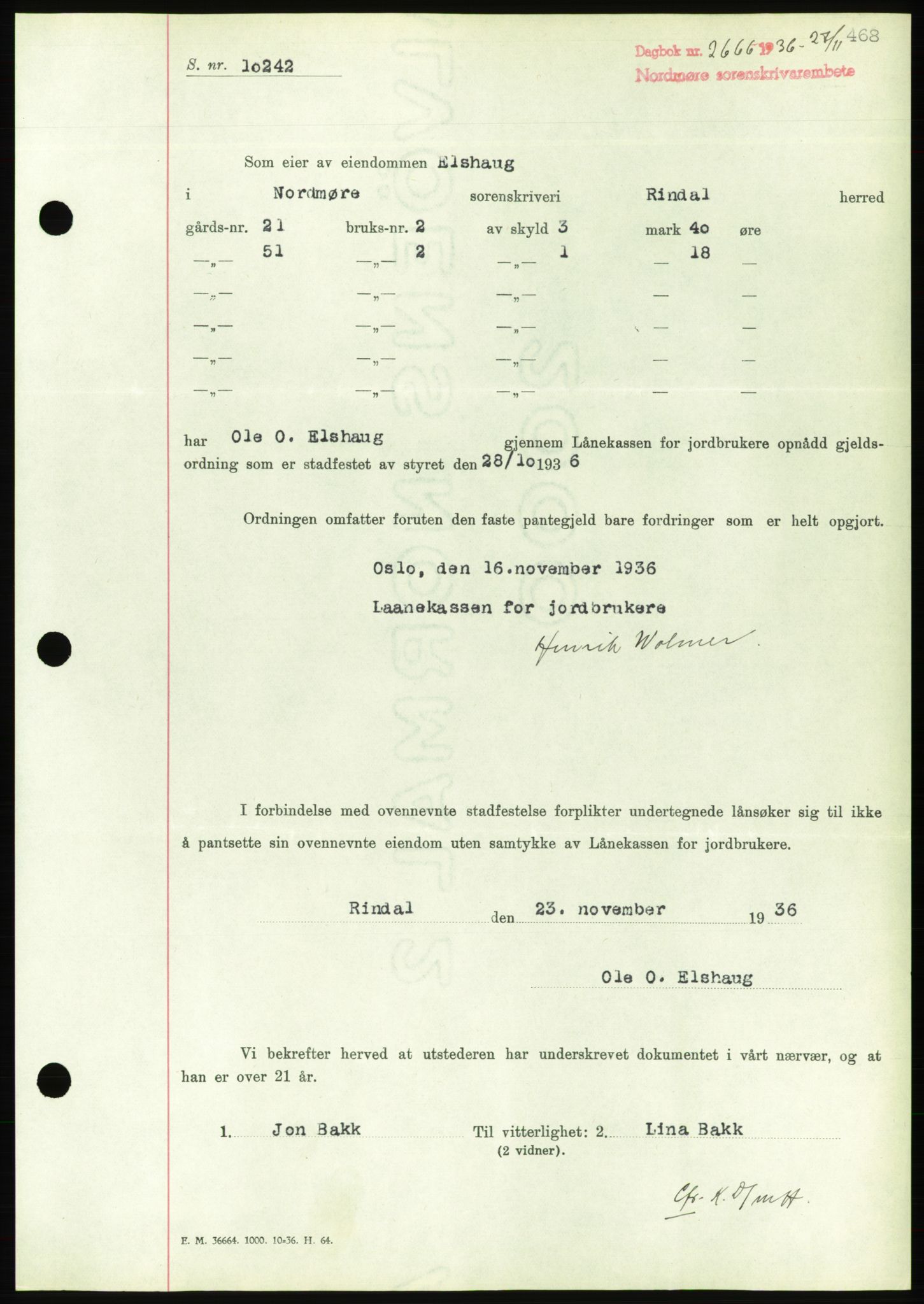 Nordmøre sorenskriveri, AV/SAT-A-4132/1/2/2Ca/L0090: Mortgage book no. B80, 1936-1937, Diary no: : 2666/1936