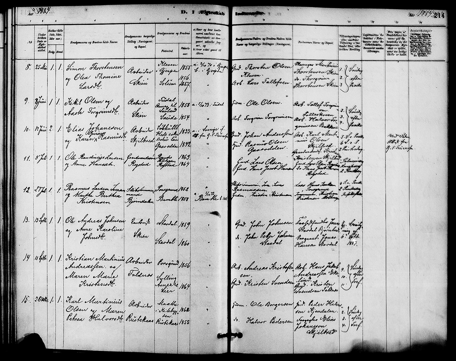 Solum kirkebøker, SAKO/A-306/F/Fa/L0009: Parish register (official) no. I 9, 1877-1887, p. 214