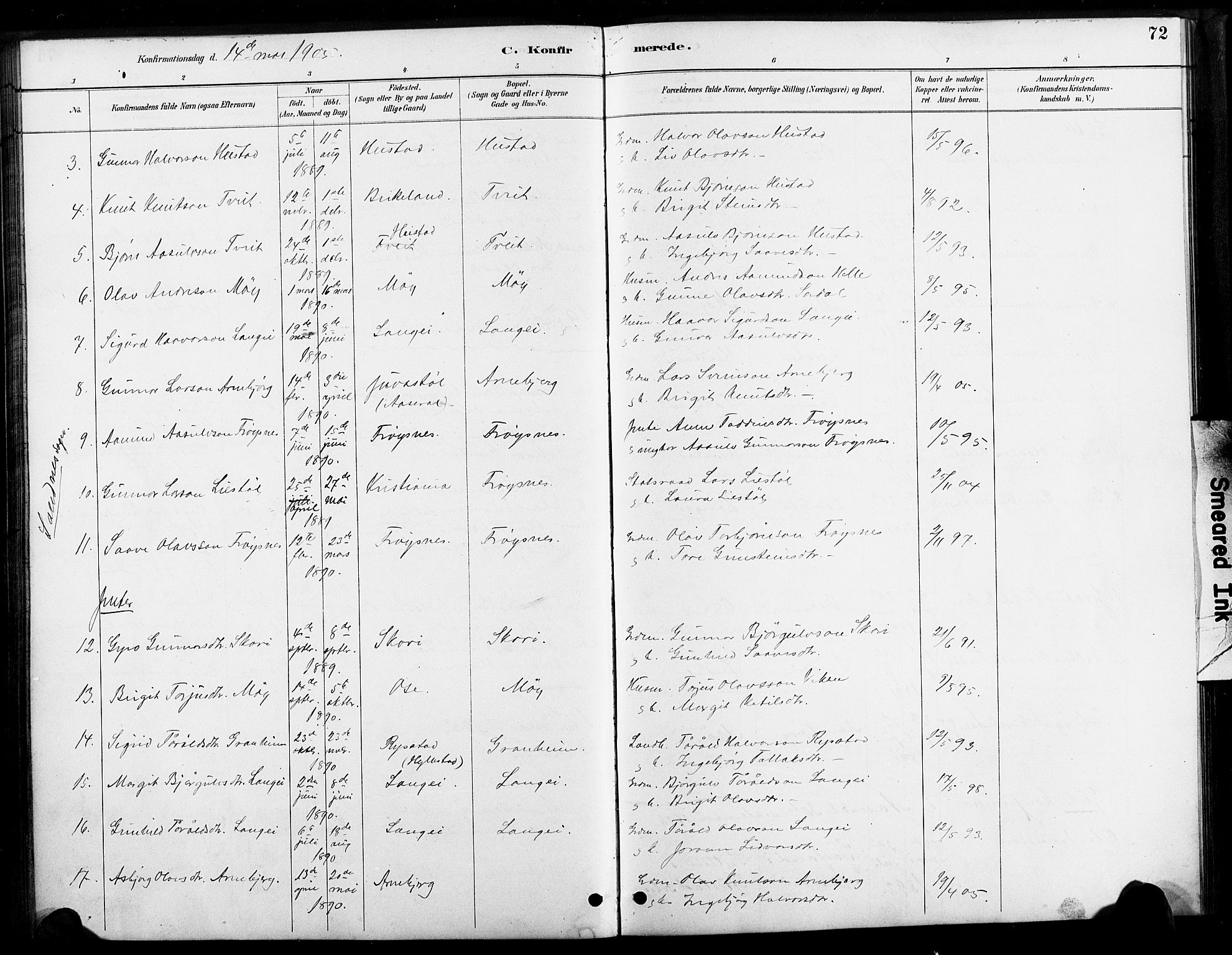 Bygland sokneprestkontor, AV/SAK-1111-0006/F/Fa/Faa/L0001: Parish register (official) no. A 1, 1885-1908, p. 72