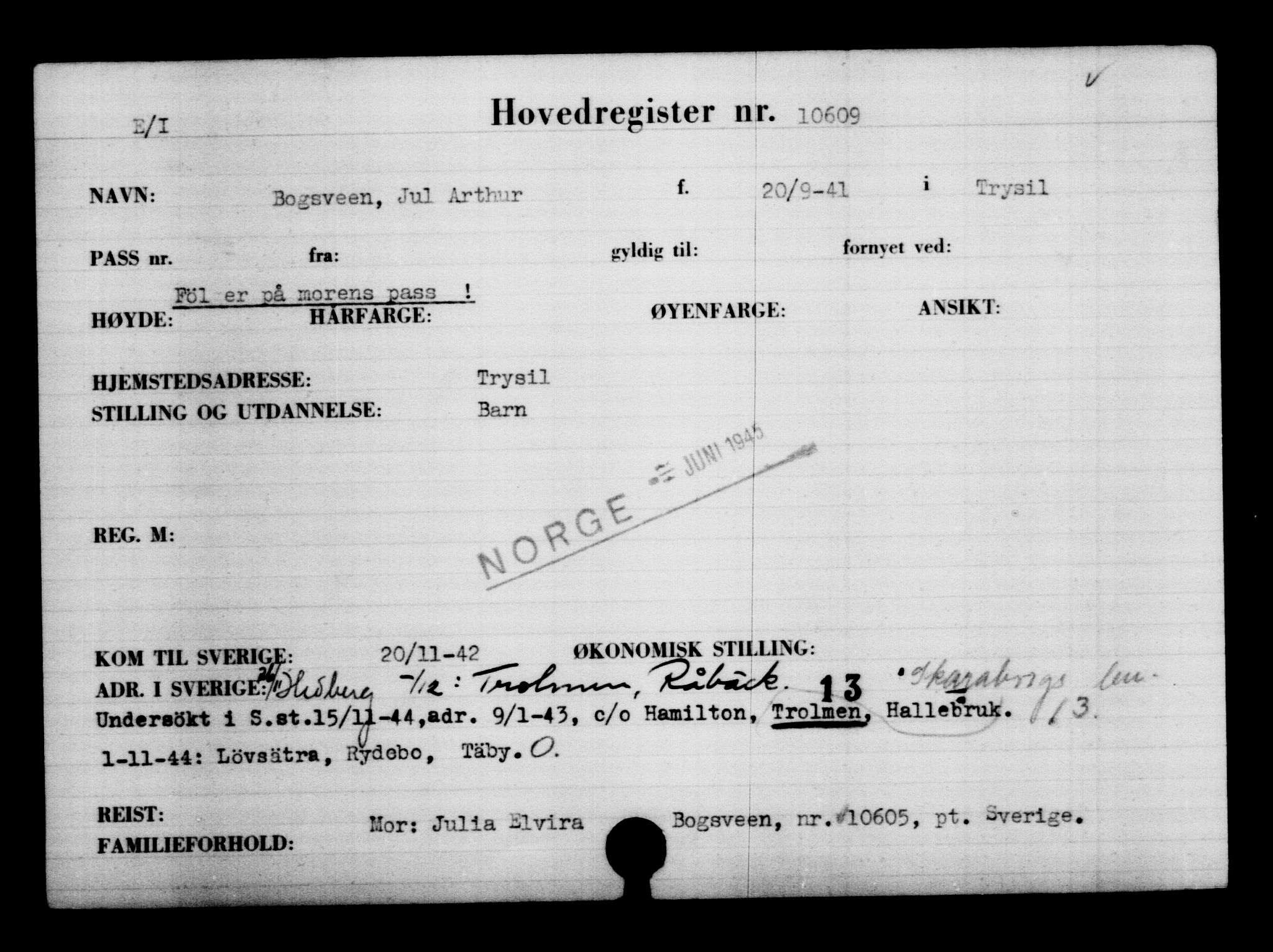 Utenriksstasjonene, Legasjonen i Stockholm, Flyktningkontoret, AV/RA-S-6753/V/Va/L0006: Kjesäterkartoteket, flyktninger med registreringsnr. 9400-12711, 1940-1945, p. 1390
