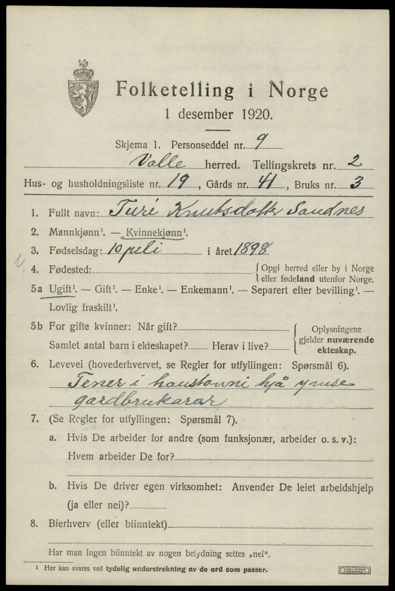SAK, 1920 census for Valle, 1920, p. 1149