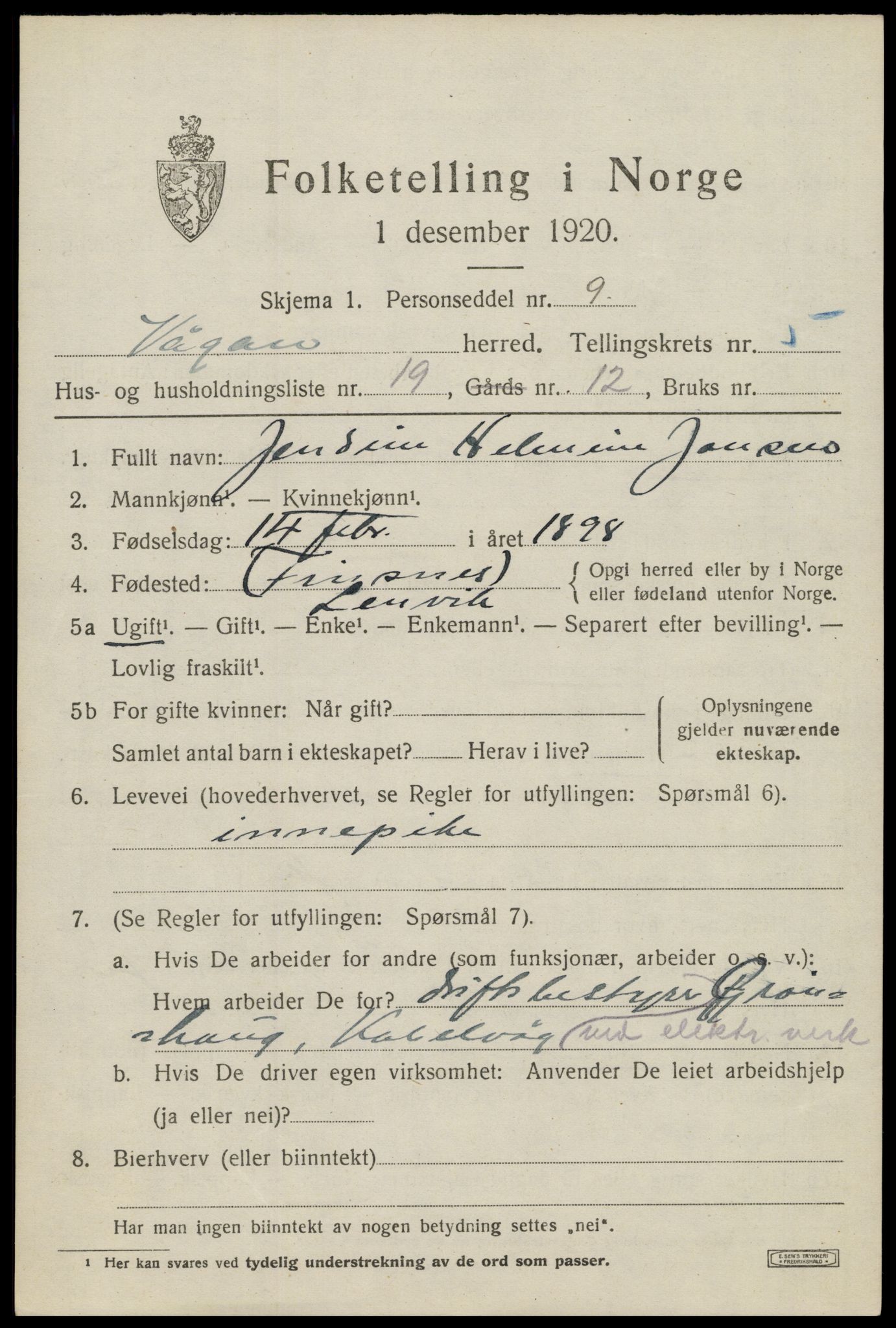 SAT, 1920 census for Vågan, 1920, p. 5389