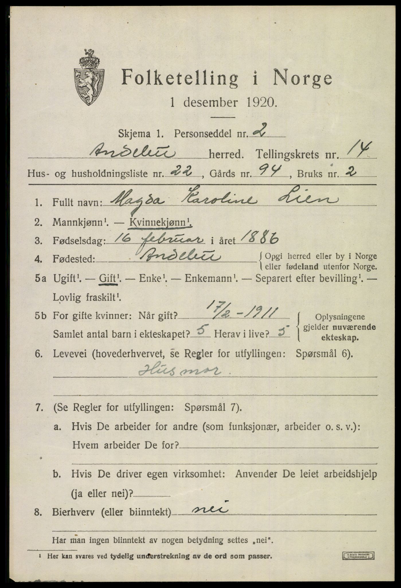 SAKO, 1920 census for Andebu, 1920, p. 5312