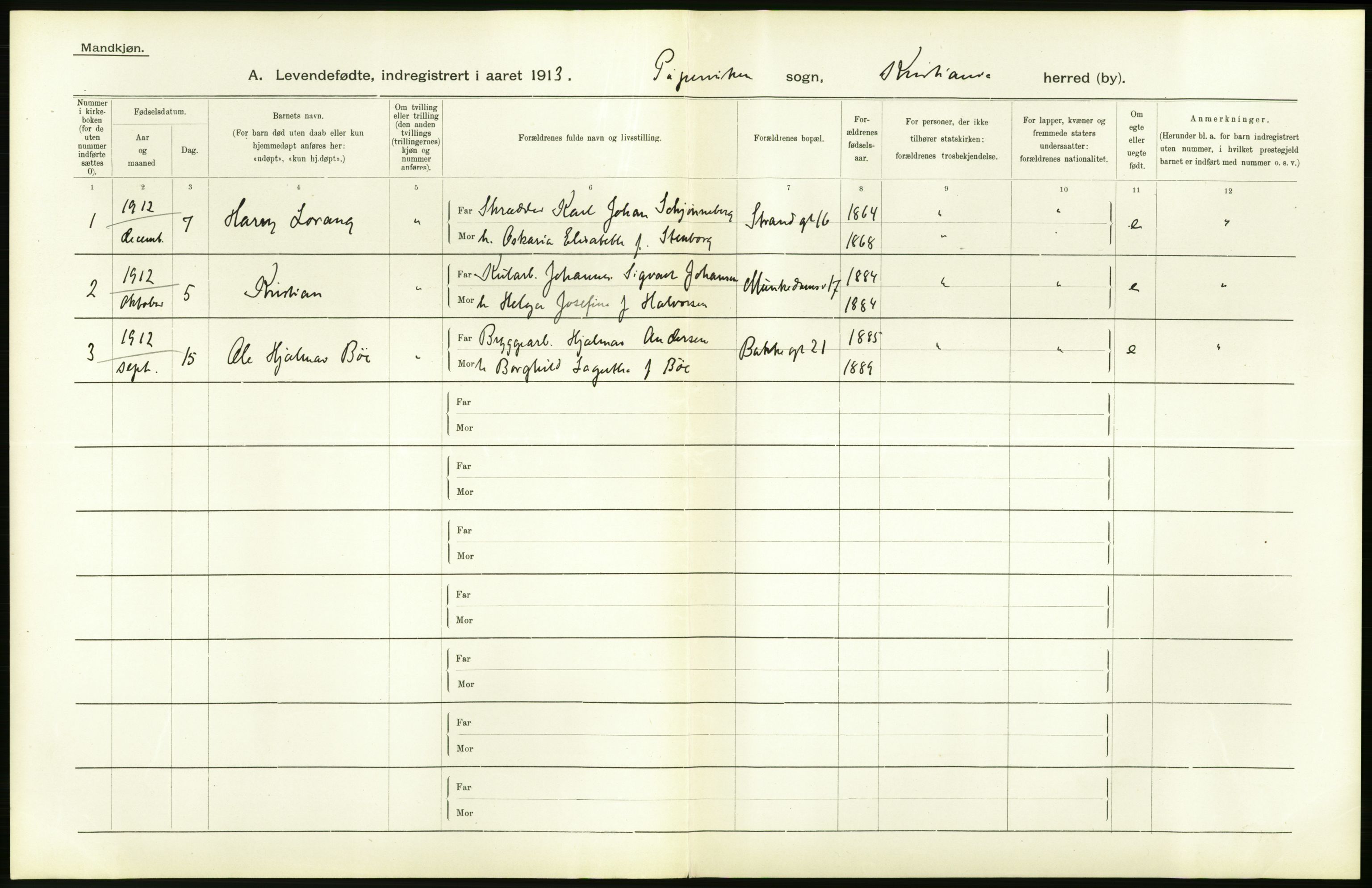 Statistisk sentralbyrå, Sosiodemografiske emner, Befolkning, AV/RA-S-2228/D/Df/Dfb/Dfbc/L0007: Kristiania: Levendefødte menn og kvinner., 1913, p. 318