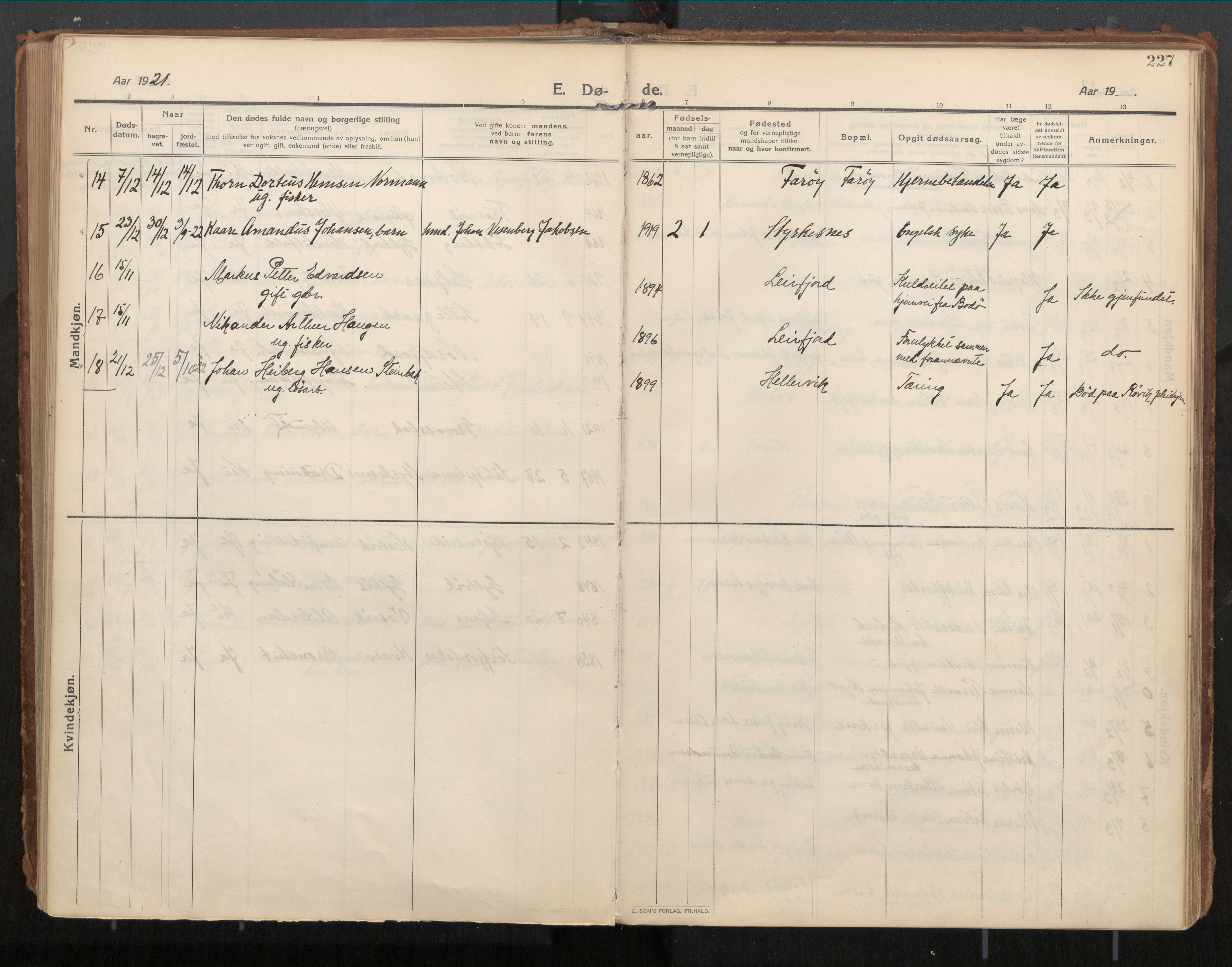 Ministerialprotokoller, klokkerbøker og fødselsregistre - Nordland, AV/SAT-A-1459/854/L0784: Parish register (official) no. 854A07, 1910-1922, p. 227