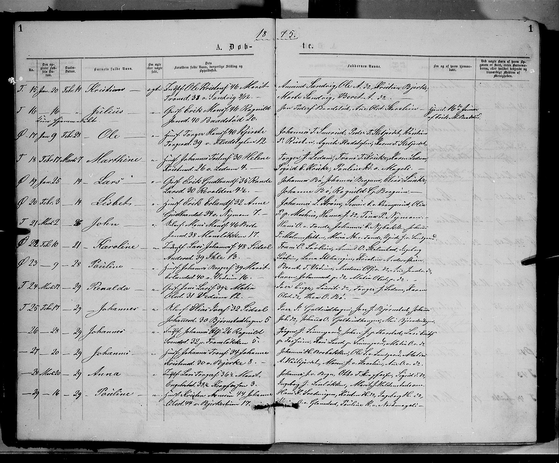 Øyer prestekontor, SAH/PREST-084/H/Ha/Haa/L0007: Parish register (official) no. 7, 1875-1878, p. 1b