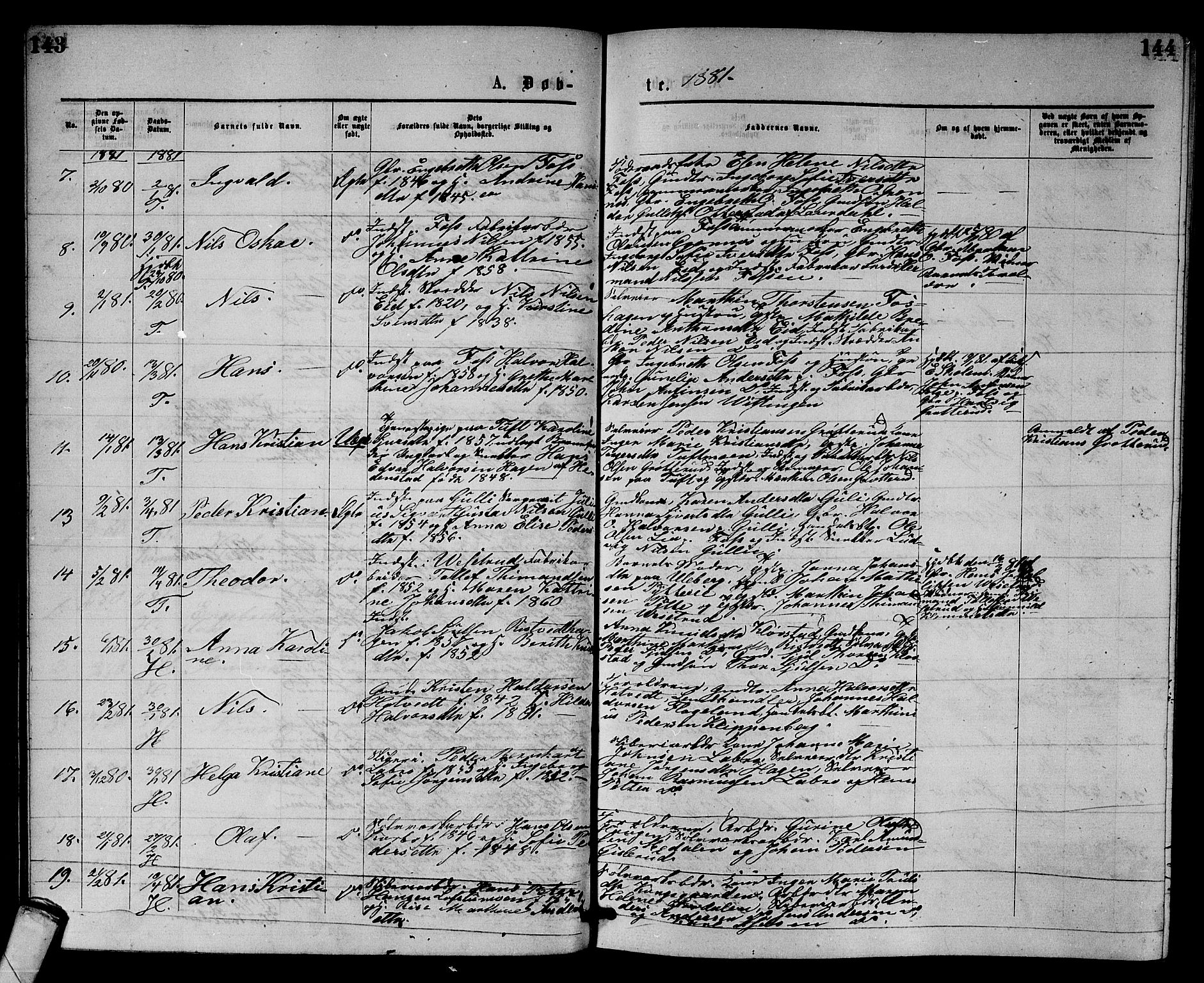 Sandsvær kirkebøker, AV/SAKO-A-244/G/Gb/L0001: Parish register (copy) no. II 1, 1874-1885, p. 143-144