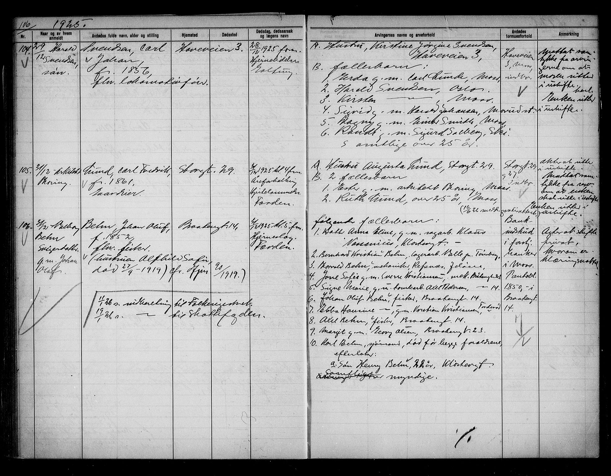 Moss byfogd, AV/SAO-A-10863/H/Ha/Hab/L0006: Dødsanmeldelsesprotokoll, 1921-1931, p. 106