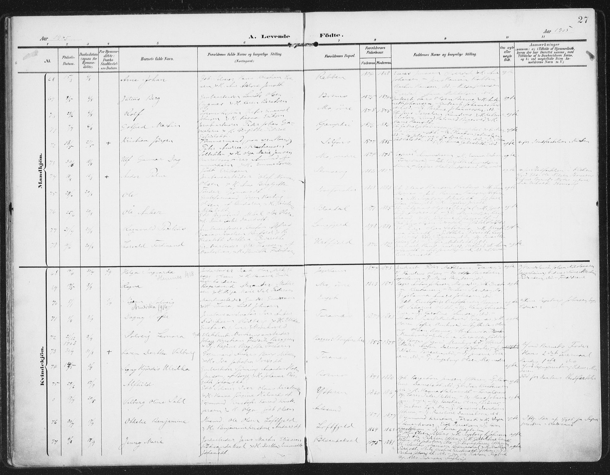 Ministerialprotokoller, klokkerbøker og fødselsregistre - Nordland, SAT/A-1459/827/L0402: Parish register (official) no. 827A14, 1903-1912, p. 27