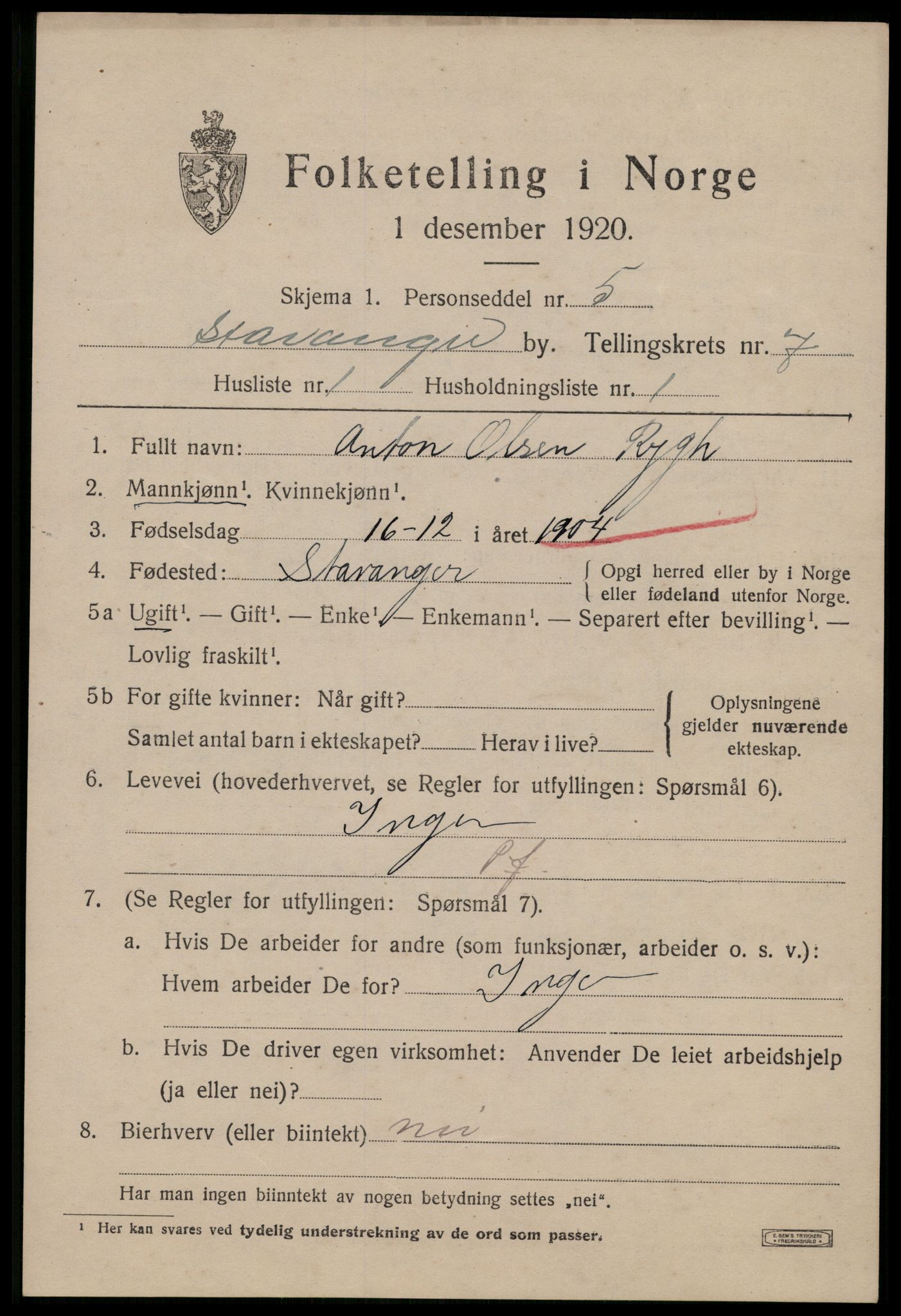 SAST, 1920 census for Stavanger, 1920, p. 44796