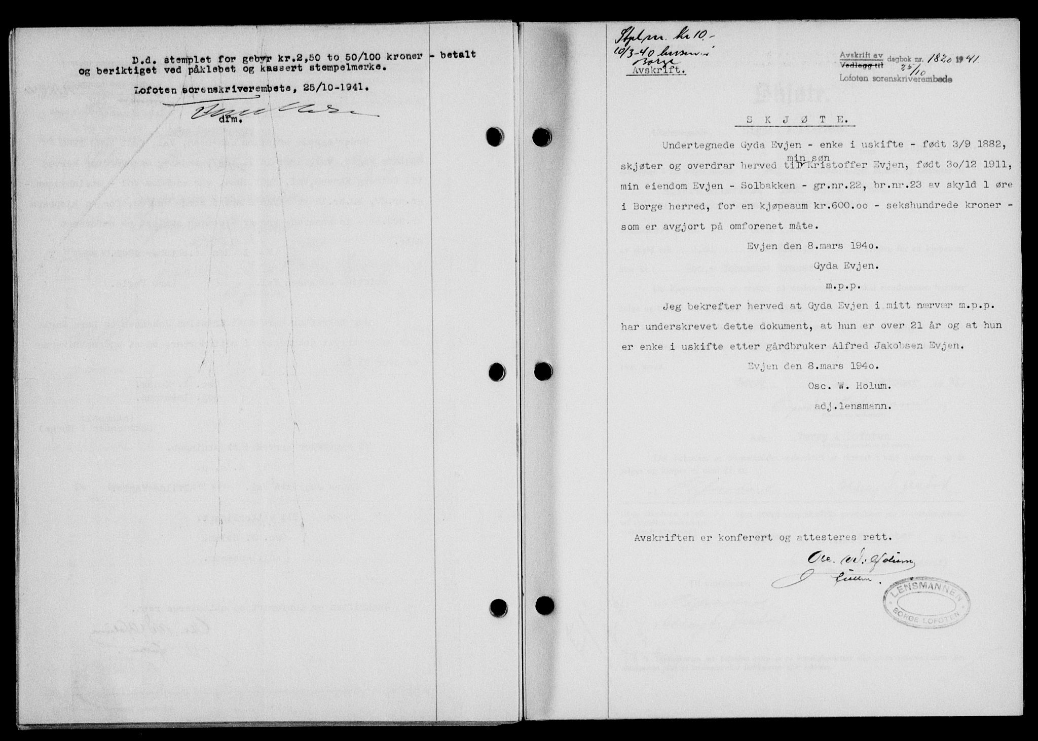 Lofoten sorenskriveri, SAT/A-0017/1/2/2C/L0009a: Mortgage book no. 9a, 1941-1942, Diary no: : 1820/1941