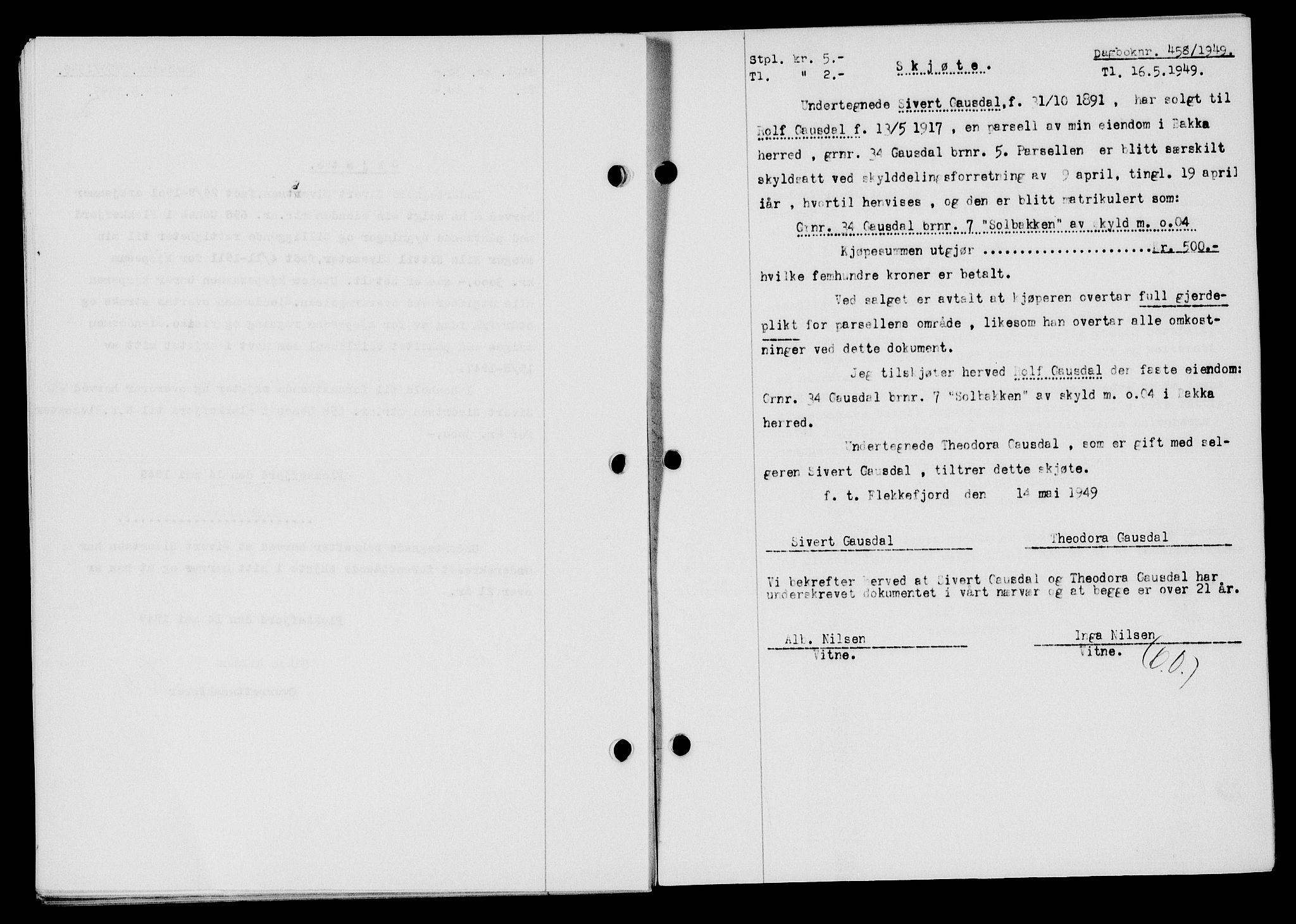 Flekkefjord sorenskriveri, SAK/1221-0001/G/Gb/Gba/L0065: Mortgage book no. A-13, 1949-1949, Diary no: : 458/1949