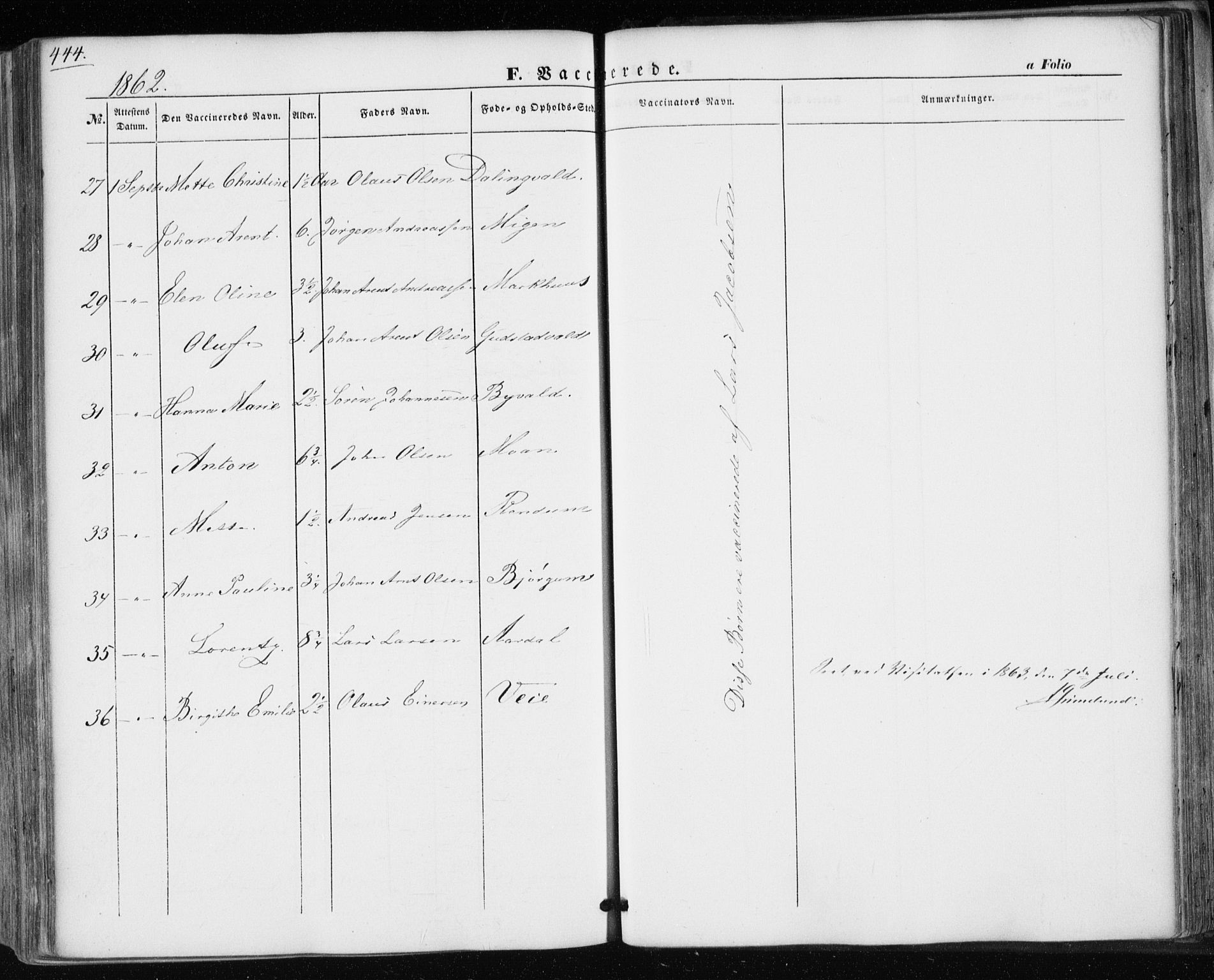 Ministerialprotokoller, klokkerbøker og fødselsregistre - Nord-Trøndelag, AV/SAT-A-1458/717/L0154: Parish register (official) no. 717A07 /1, 1850-1862, p. 444