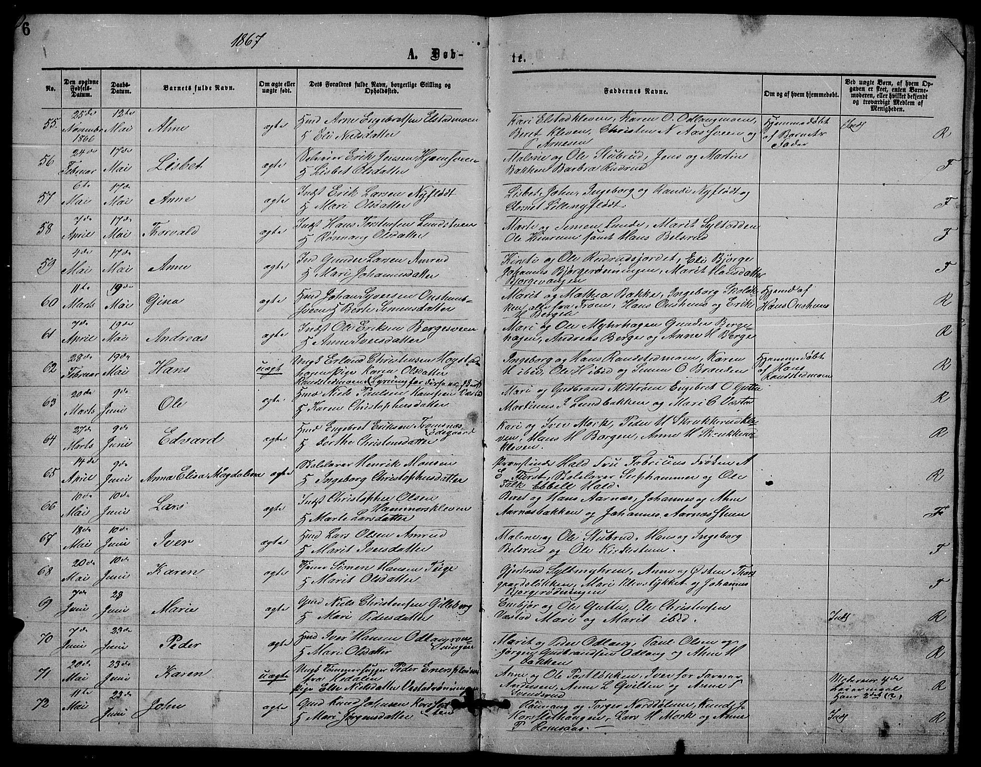 Ringebu prestekontor, SAH/PREST-082/H/Ha/Hab/L0004: Parish register (copy) no. 4, 1867-1879, p. 6