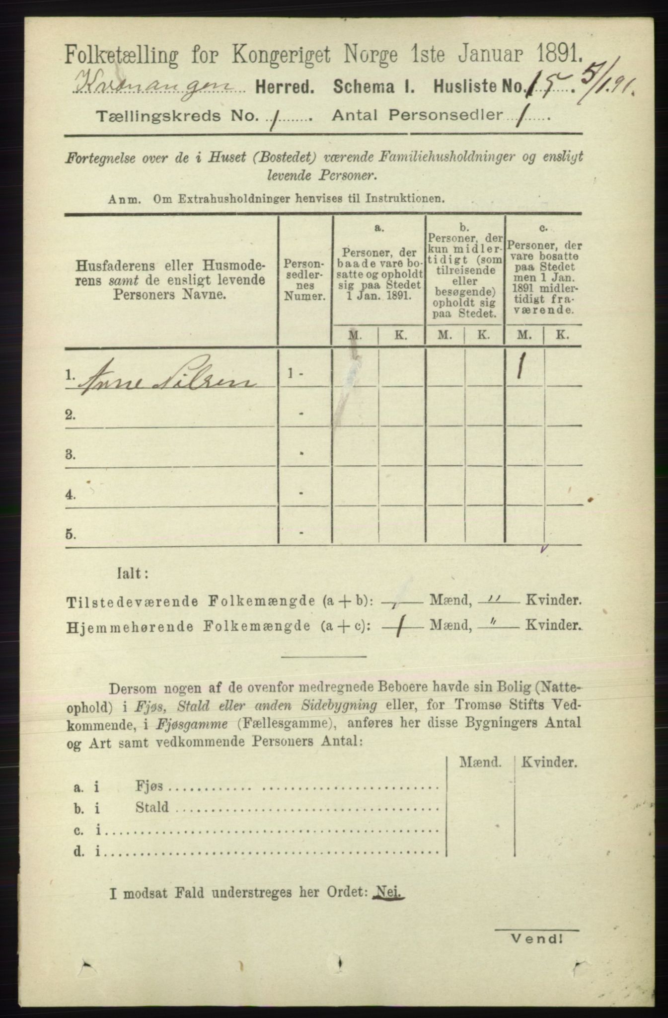 RA, 1891 census for 1943 Kvænangen, 1891, p. 28