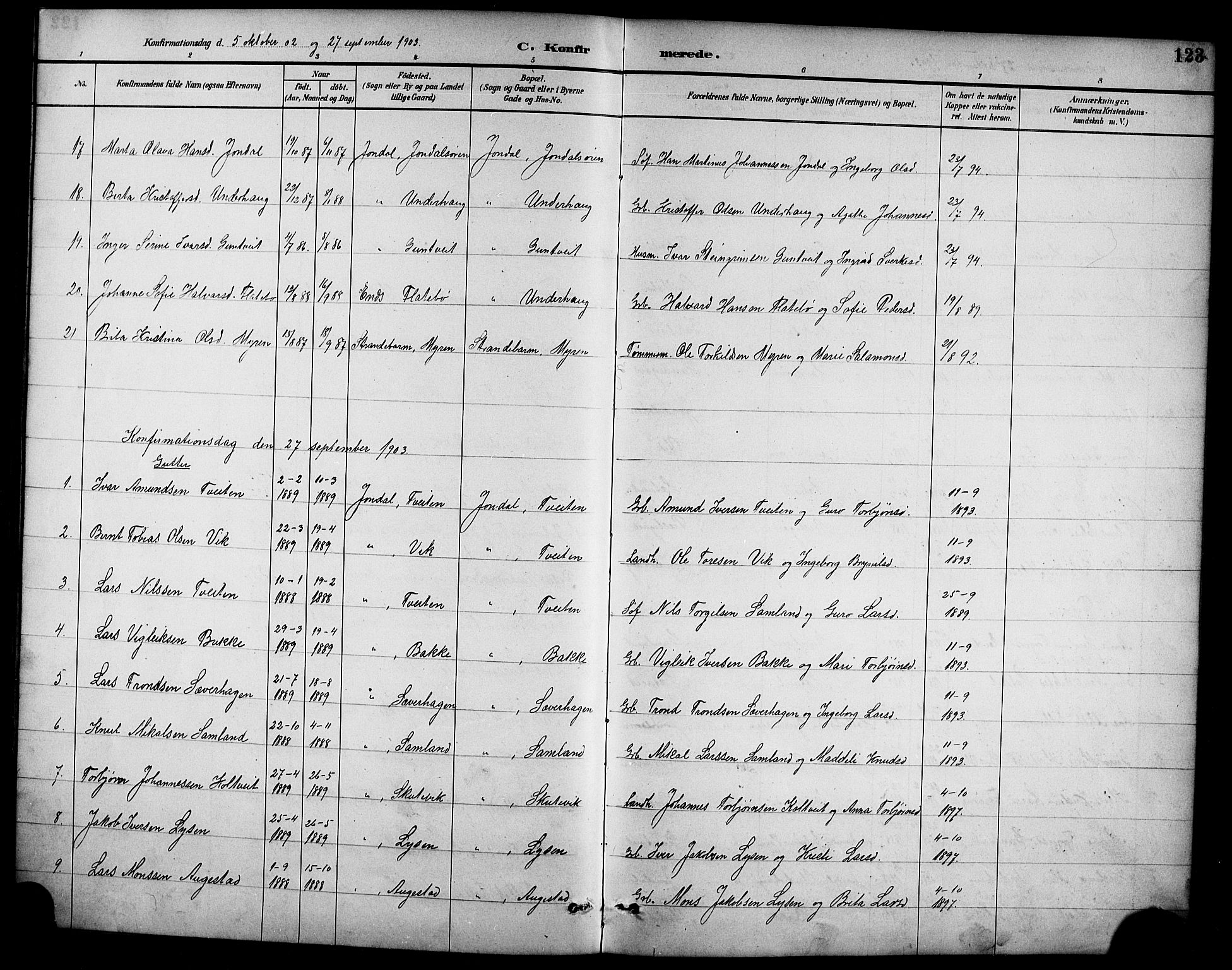 Ullensvang sokneprestembete, AV/SAB-A-78701/H/Hab: Parish register (copy) no. D 1, 1891-1908, p. 123