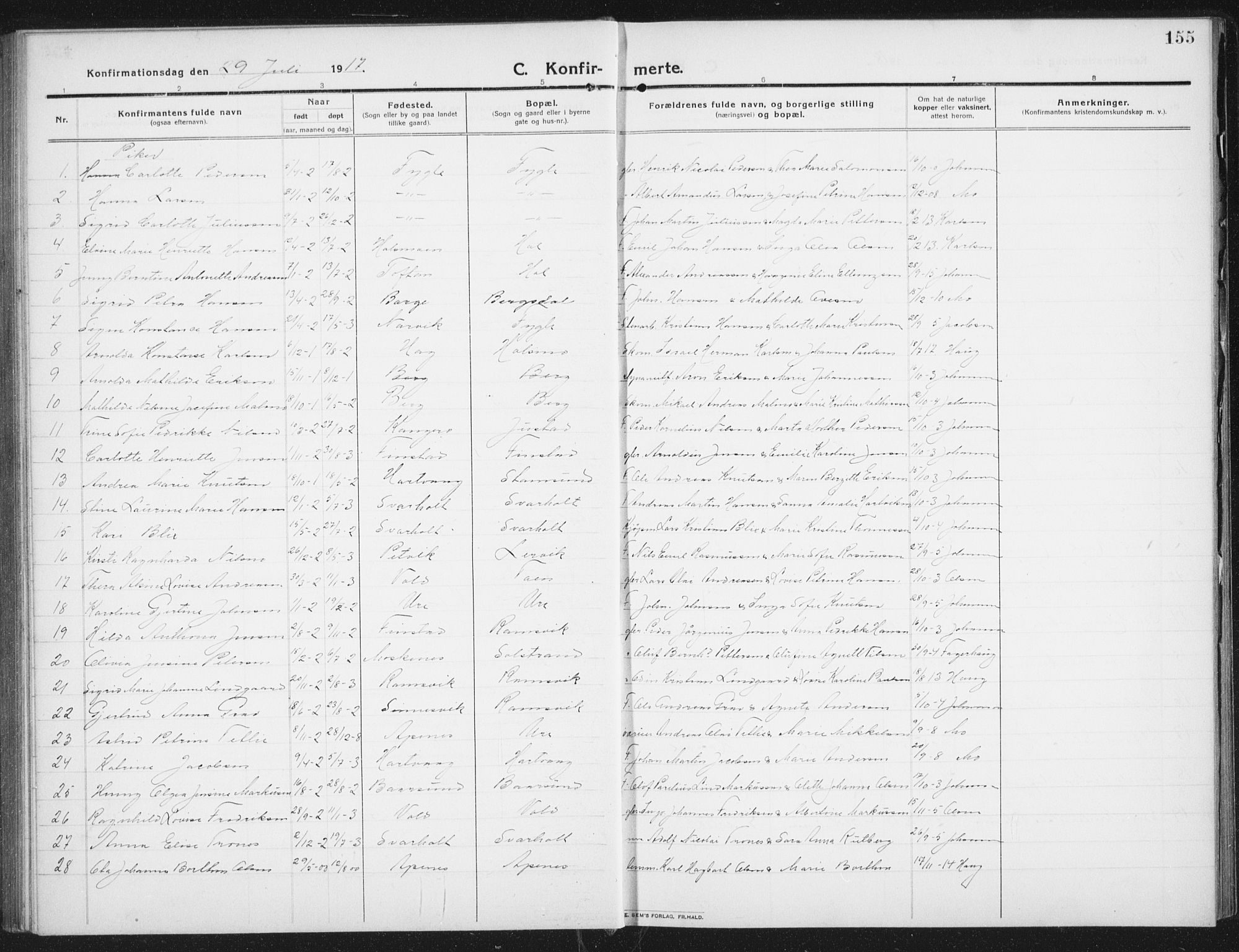 Ministerialprotokoller, klokkerbøker og fødselsregistre - Nordland, AV/SAT-A-1459/882/L1183: Parish register (copy) no. 882C01, 1911-1938, p. 155