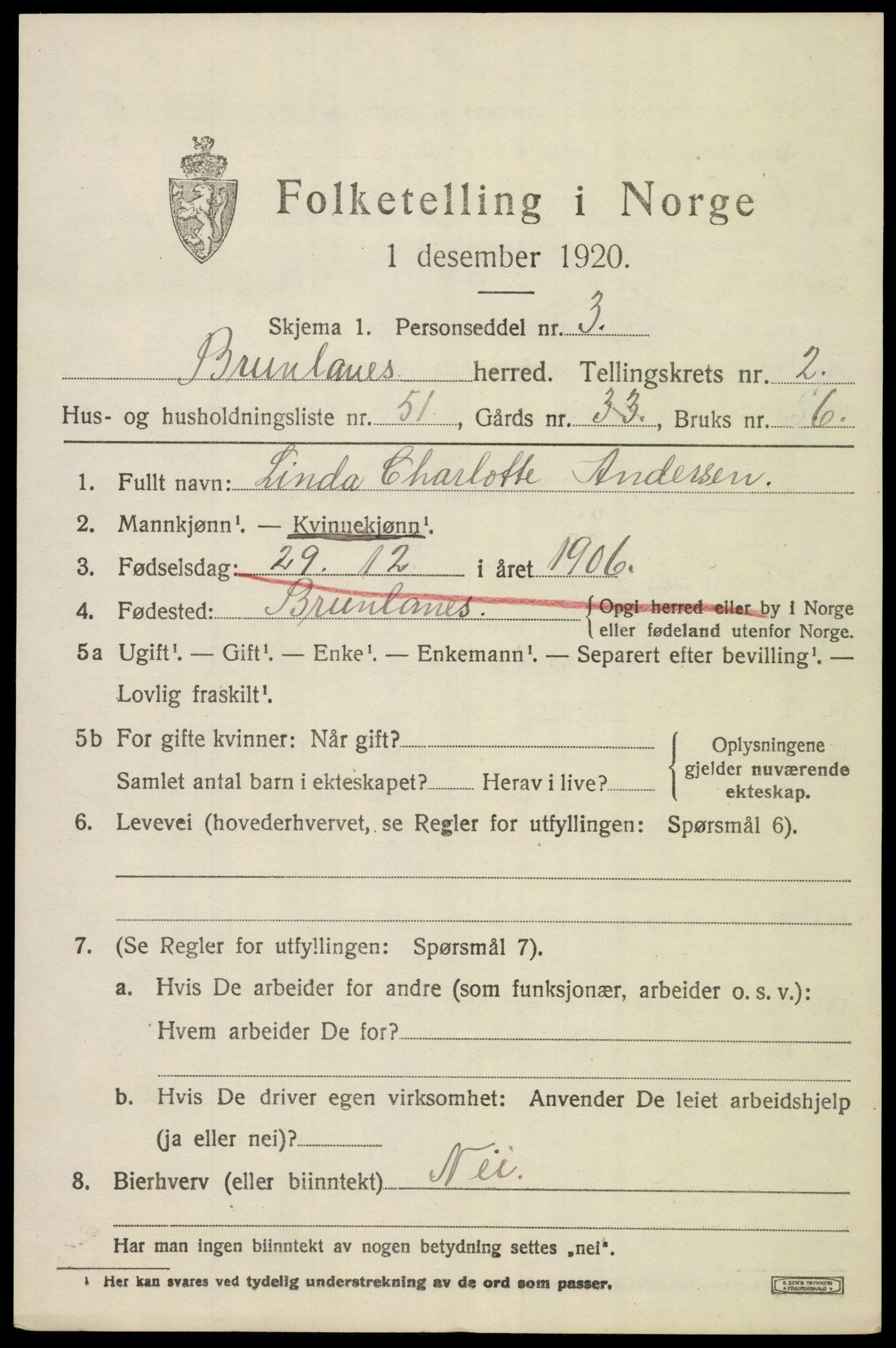 SAKO, 1920 census for Brunlanes, 1920, p. 3853